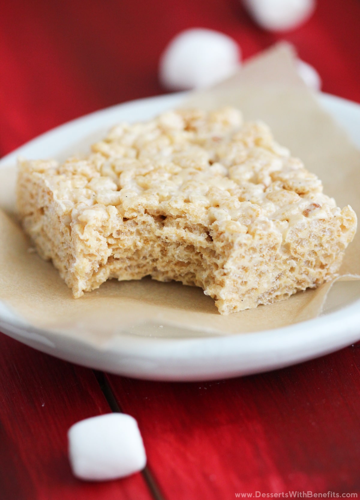 Simple, quick, and easy Healthy Protein Krispy Treats recipe – only 4 ingredients needed to make these chewy and crunchy (all natural, low fat, refined sugar free, and gluten free) treats! Healthy Dessert Recipes at Desserts with Benefits