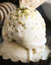 This deliciously sweet and creamy Healthy Baklava Ice Cream is laced with raw honey and studded with chopped pistachios and a crunchier, crispier, and more nutritious gluten-free substitute to phyllo dough. It seriously tastes like baklava swirled into ice cream! You’d never know it’s refined sugar free, gluten free, and high protein! -- Healthy Dessert Recipes with sugar free, low calorie, low fat, high protein, gluten free, dairy free, and vegan options at the Desserts With Benefits Blog (www.DessertsWithBenefits.com)