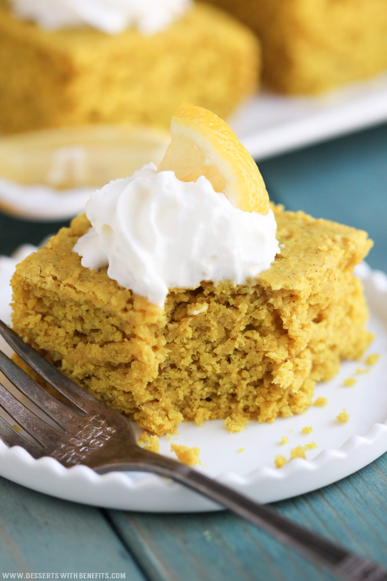 Light, citrusy, and refreshing Lemon Cake... made healthy? Yup! This Healthy Lemon Snack Cake is sweet and fluffy, yet sugar free, gluten free, and vegan! -- Healthy Dessert Recipes with sugar free, low calorie, low fat, high protein, gluten free, dairy free, and vegan options at the Desserts With Benefits Blog (www.DessertsWithBenefits.com)