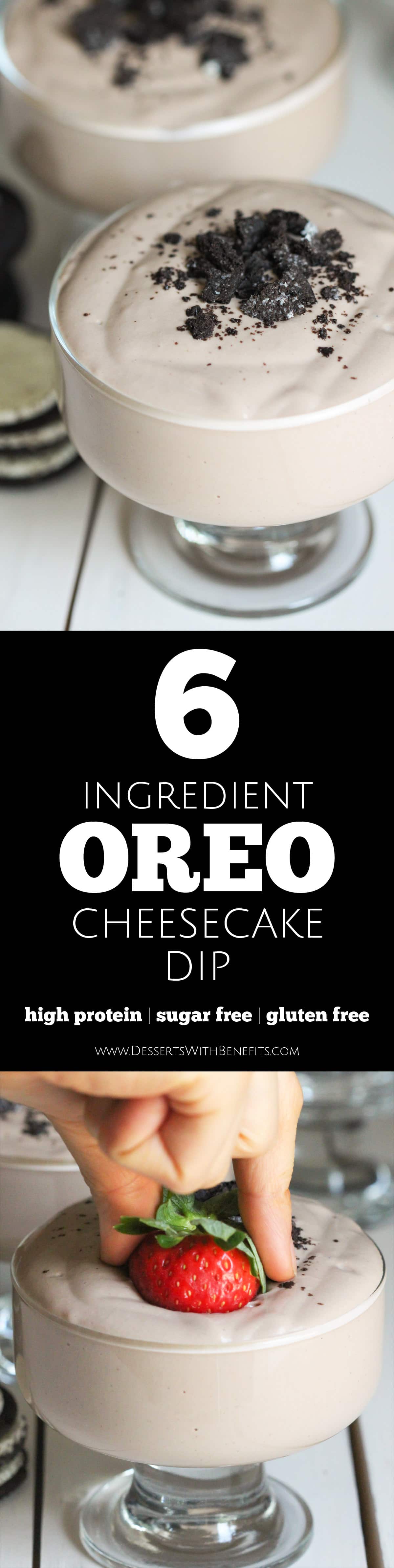 This sweet, rich, and creamy Healthy Oreo Cheesecake Dip tastes insanely sinful and delicious, when really, it’s refined sugar free, low fat, low carb, high protein, and gluten free! This is everything you could ever ever want in a dessert dip! Healthy Dessert Recipes at Desserts with Benefits