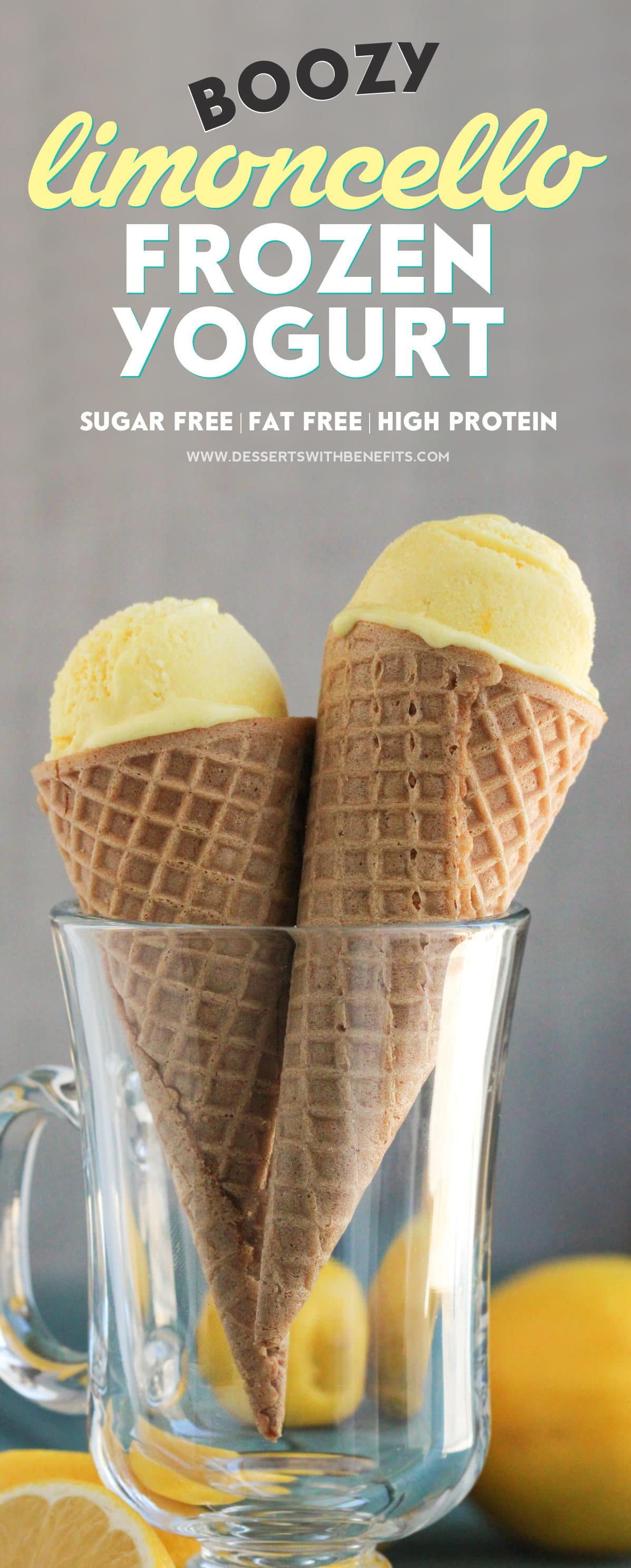 This Healthy Boozy Limoncello Frozen Yogurt recipe is creamy, tart, refreshing, and not overly sweet. It’s the perfect dessert for a delicious nightcap! You'd never know it's refined sugar free, fat free, low carb, high protein, and gluten free! Healthy Dessert Recipes at Desserts with Benefits
