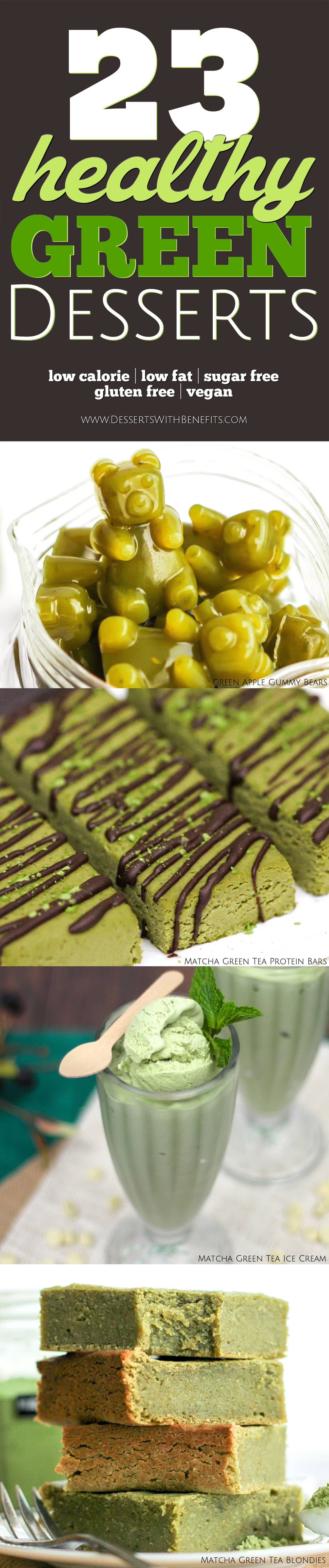 Here’s a roundup of 23 HEALTHY green dessert recipes! From Key Lime Cheesecake to Gummy Bears to Matcha Green Tea Protein Bars to Green Smoothie Ice Cream -- you’ll be sure to find a recipe perfect to celebrate St. Patrick’s Day, Christmas, or the birthday of someone who loves green! These healthy recipes are suitable for everyone with sugar free, low calorie, low fat, high protein, gluten free, dairy free, and vegan options.