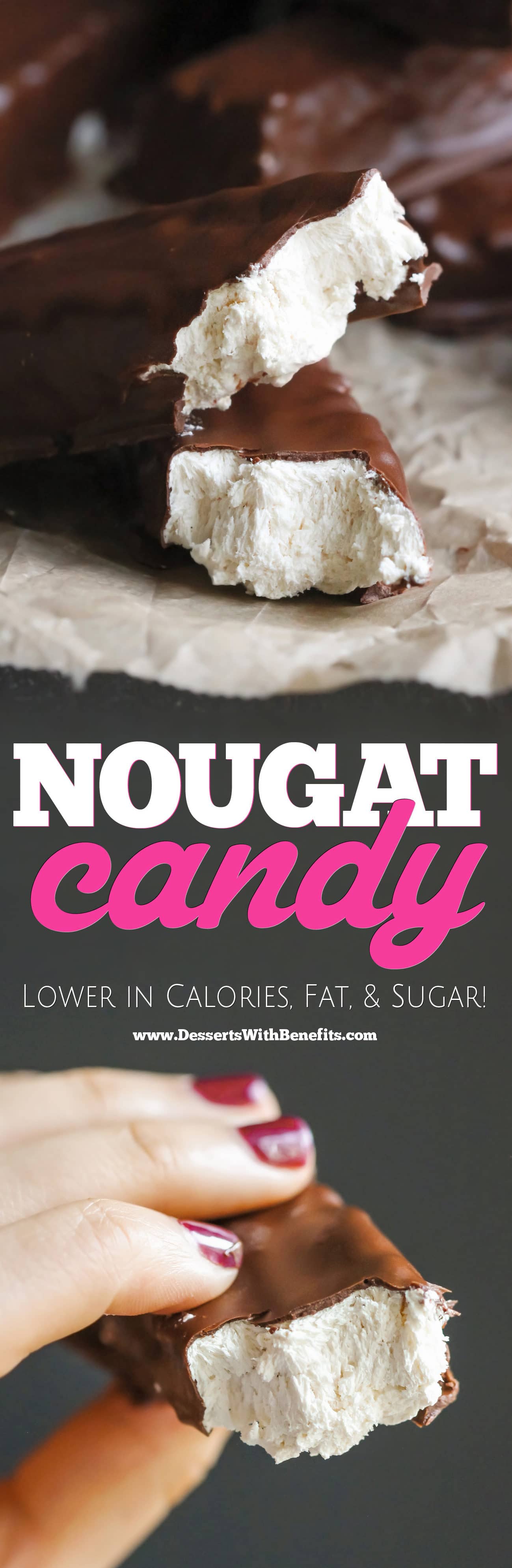 Healthy Homemade Nougat Candy Bars! What's your candy vice? Snickers, Peanut Butter Cups, Peppermint Patties? Or maybe it's chocolate-covered nougat. We all know candy is bad for us (corn syrup, trans fats, artificial flavors, etc.), so I made these Healthy Homemade Nougat Candy Bars (aka 3 Musketeerz)! -- Healthy Dessert Recipes with sugar free, low calorie, low fat, high protein, gluten free, and vegan options at the Desserts With Benefits Blog (www.DessertsWithBenefits.com)