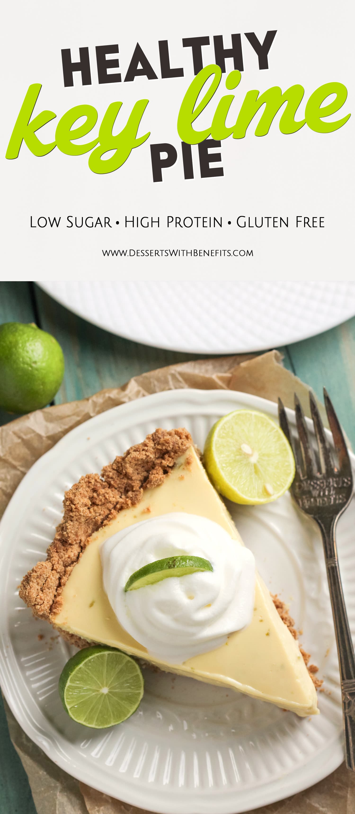 Ever dreamt of a Healthy Key Lime Pie without the healthy taste? Your prayers have been answered! It's got the perfect combination of tart and sweet, rich and creamy, and healthy and delicious! -- Healthy Dessert Recipes with sugar free, low calorie, low fat, high protein, gluten free, dairy free, and vegan options at the Desserts With Benefits Blog (www.DessertsWithBenefits.com)