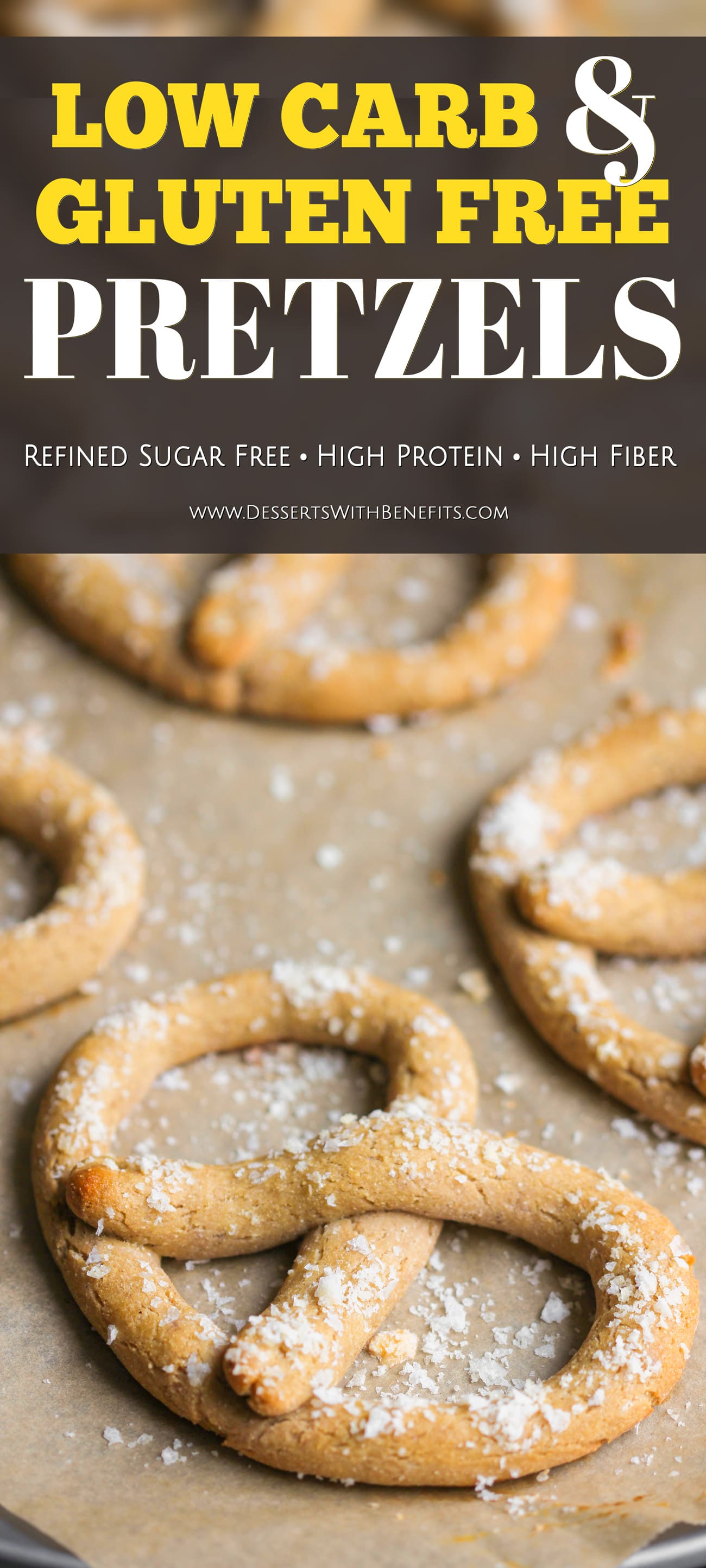 These Healthy Low Carb and Gluten Free Soft Pretzels are so delicious, you'll never believe they're sugar free, high protein, and high in fiber! These Gluten Free Pretzels taste like pure sin, but they're sinlessly delicious! Healthy Dessert Recipes with low calorie, low fat, dairy free, and vegan options at the Desserts With Benefits Blog (www.DessertsWithBenefits.com)