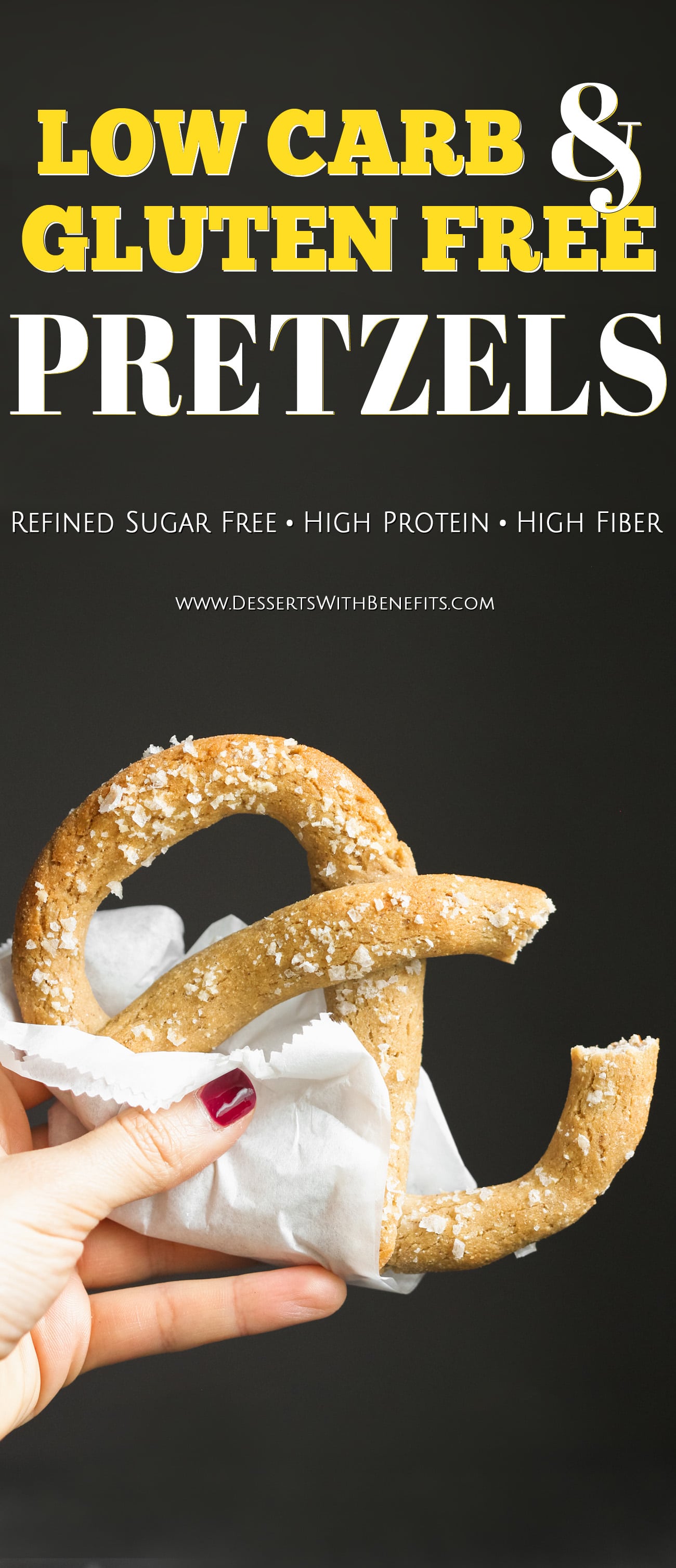 These Healthy Low Carb and Gluten Free Soft Pretzels are so delicious, you'll never believe they're sugar free, high protein, and high in fiber! These Gluten Free Pretzels taste like pure sin, but they're sinlessly delicious! Healthy Dessert Recipes with low calorie, low fat, dairy free, and vegan options at the Desserts With Benefits Blog (www.DessertsWithBenefits.com)