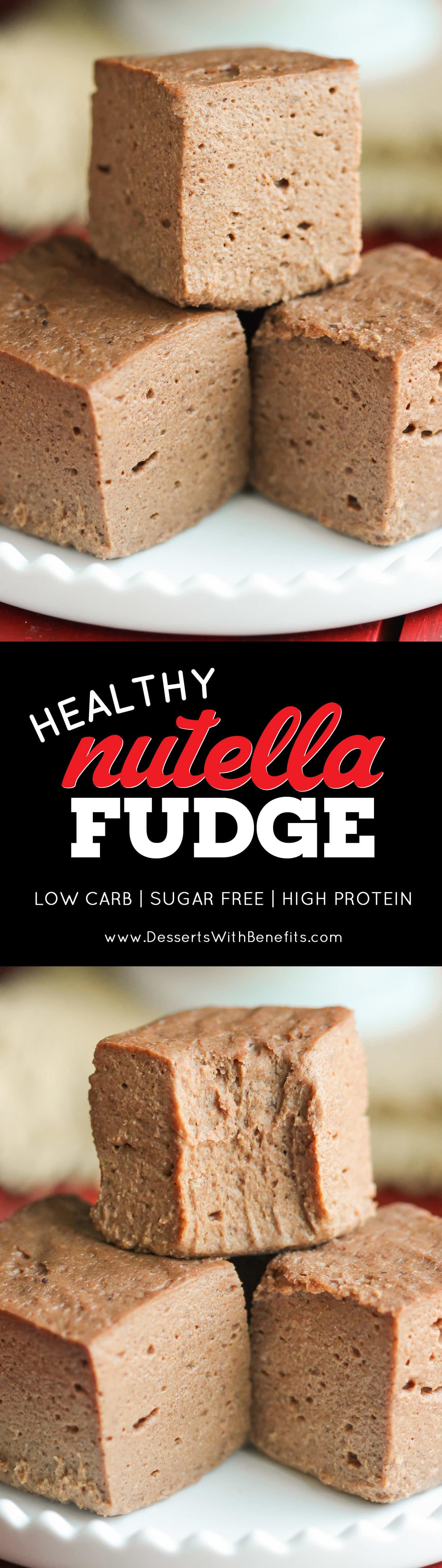 This Healthy Nutella Fudge is sweet, chocolatey, fluffy, and delicious. Oh, and it's made with two secret ingredients! Can you guess what they are? This addicting fudge is packed full of protein, fiber, and healthy fats, and none of the added sugar or artificial ingredients. It sure doesn’t taste low calorie, sugar free, low carb, high protein, high fiber, and gluten free! -- Healthy Dessert Recipes at the Desserts With Benefits Blog (www.DessertsWithBenefits.com)