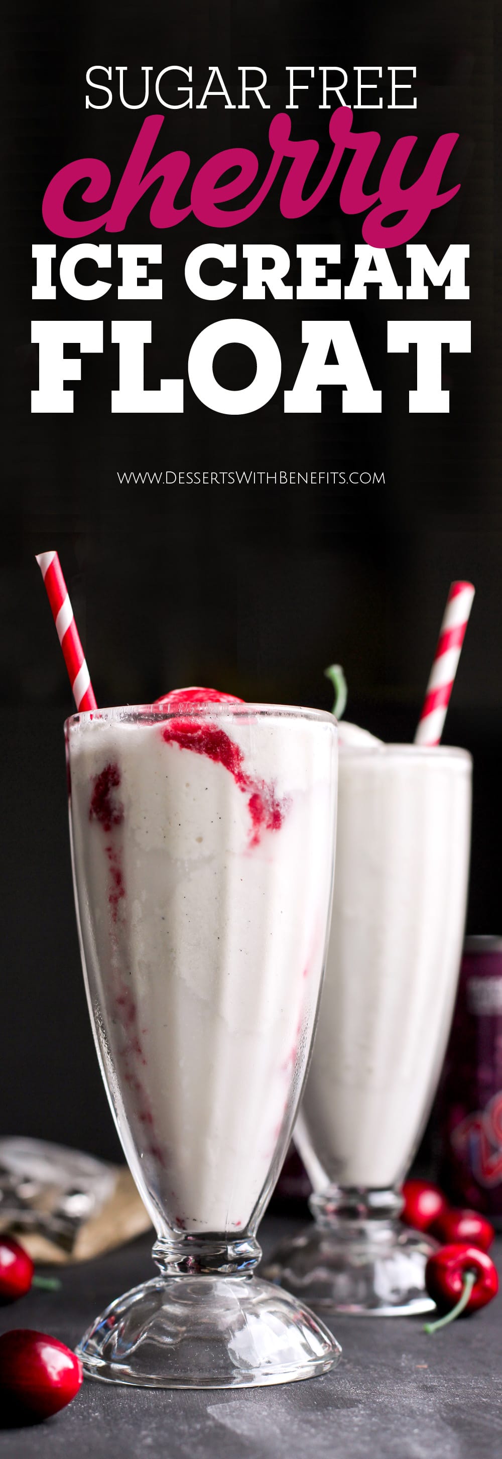 Who else loves ice cream floats? Yup, ME TOO. Here’s a super easy recipe to make a super simple, guilt-free ice cream float. This Healthy Black Cherry Ice Cream Float is all natural, sugar free, low calorie, and gluten free too, but it sure doesn’t taste like it. -- Healthy Dessert Recipes with sugar free, low calorie, low fat, high protein, gluten free, dairy free, and vegan options at the Desserts With Benefits Blog (www.DessertsWithBenefits.com)