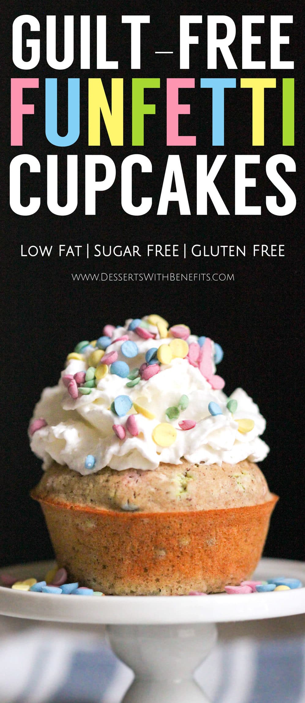 Healthy Funfetti Cupcakes! Craving Funfetti Cake but don't want all the calories, sugar, and artificial ingredients? Make these Healthy Funfetti Cupcakes! They’re all natural, sugar free, low fat, low calorie, and gluten free too. NO white sugar, white flour, artificial food dyes, or trans fats whatsoever. These light and fluffy cupcakes will blow your mind! Healthy Dessert Recipes with sugar free, low calorie, low fat, high protein, gluten free, dairy free, and vegan options at the Desserts With Benefits Blog (www.DessertsWithBenefits.com)