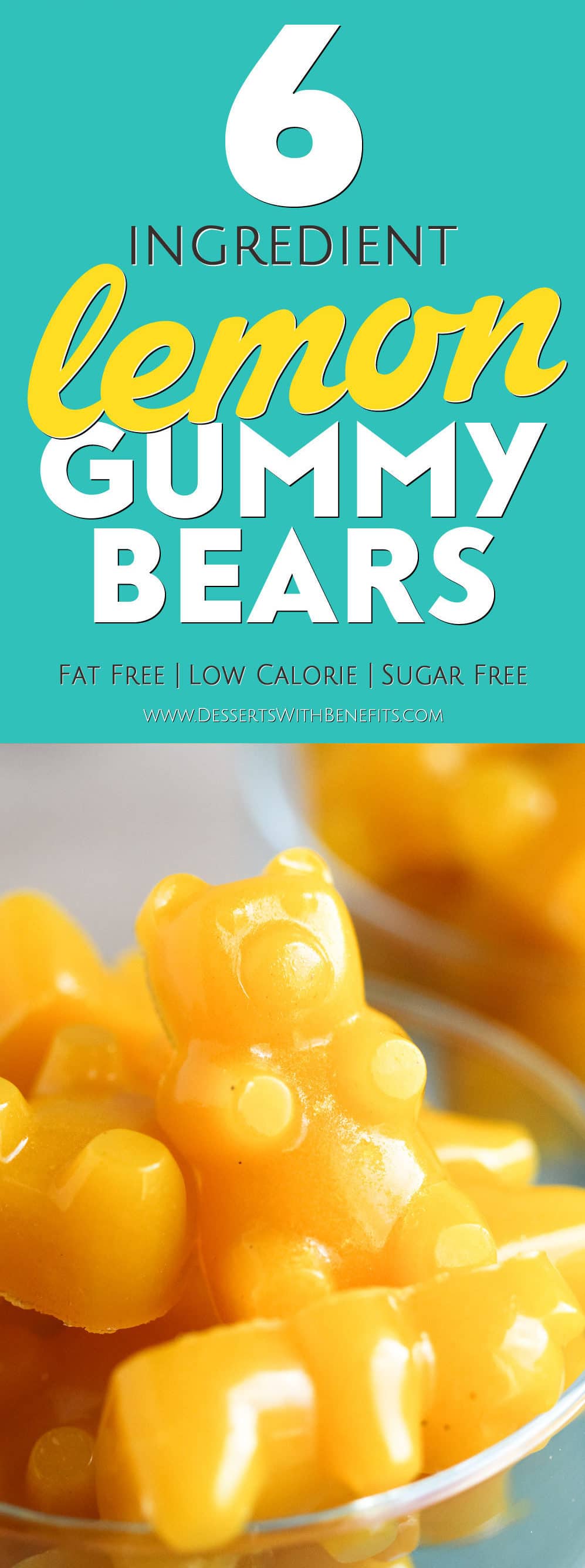 These Healthy Homemade Lemon Gummy Bears taste EVEN BETTER than the storebought version – they’re chewy and gummy, tart and sweet, and totally guilt-free. This easy DIY recipe is made without refined sugar, high fructose corn syrup, and preservatives! -- Healthy Dessert Recipes with sugar free, low calorie, low fat, high protein, gluten free, and dairy free options at the Desserts With Benefits Blog (www.DessertsWithBenefits.com)