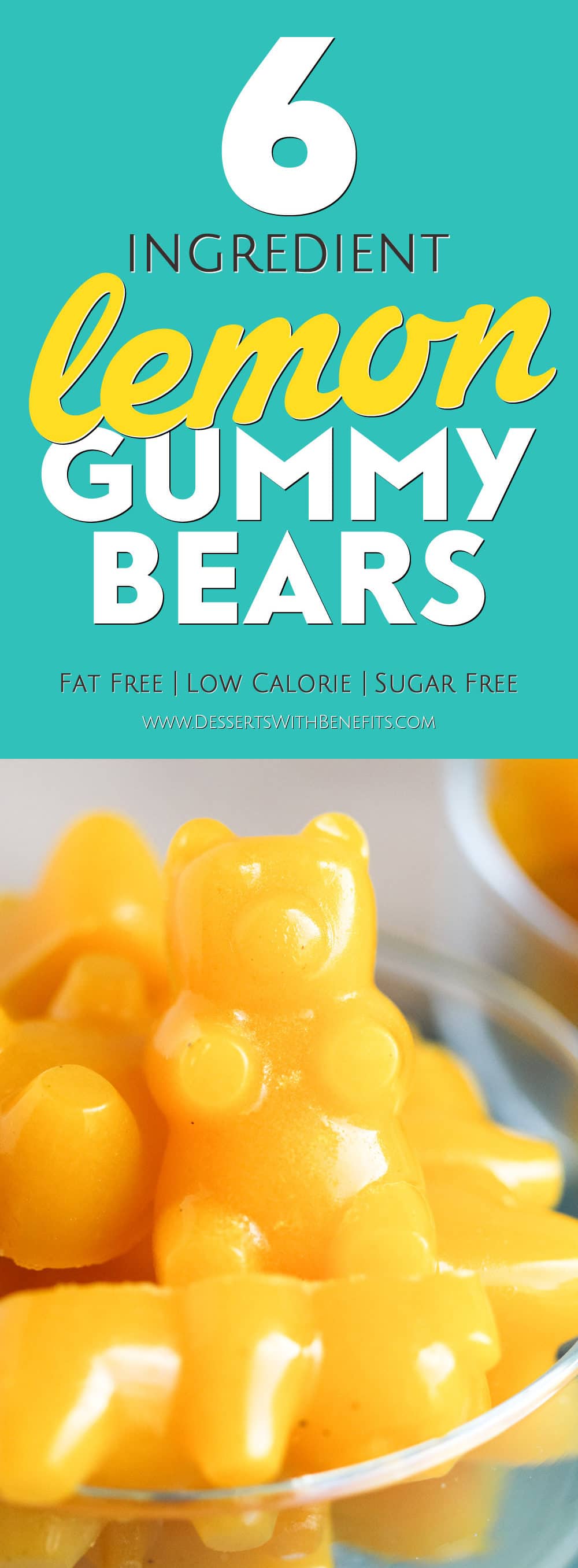 These Healthy Homemade Lemon Gummy Bears taste EVEN BETTER than the storebought version – they’re chewy and gummy, tart and sweet, and totally guilt-free. This easy DIY recipe is made without refined sugar, high fructose corn syrup, and preservatives! -- Healthy Dessert Recipes with sugar free, low calorie, low fat, high protein, gluten free, and dairy free options at the Desserts With Benefits Blog (www.DessertsWithBenefits.com)