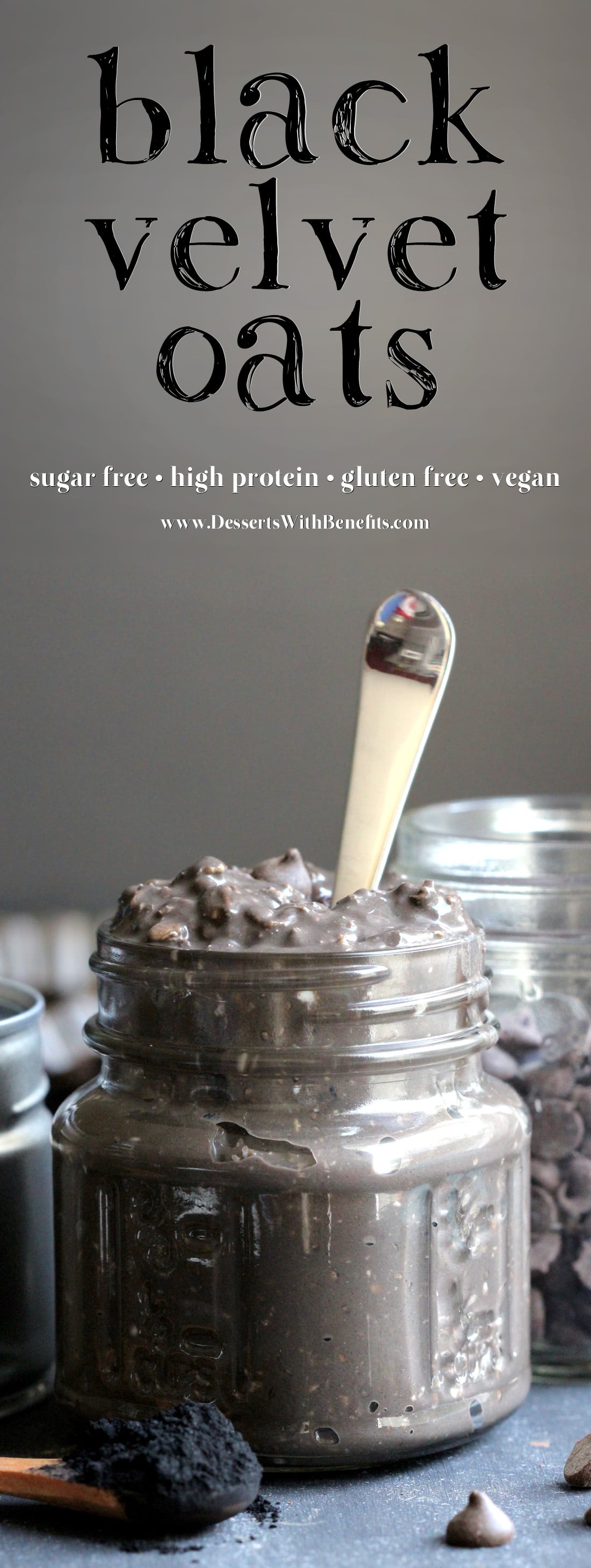 Secret ingredient Healthy Black Velvet Overnight Dessert Oats – it’s perfectly sweet, nice and chocolatey, and will keep you full for hours (just like how all breakfasts should)! You’d never know these oats are all natural, sugar free, high protein, gluten free, dairy free, AND vegan. Black Velvet is just like red velvet, only black! -- Healthy Dessert Recipes with sugar free, low calorie, low fat, high protein, gluten free, dairy free, vegan, and raw options at the Desserts With Benefits Blog (www.DessertsWithBenefits.com)