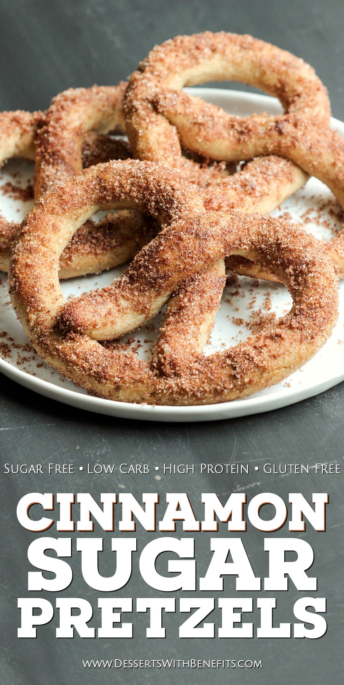 These Healthy Low Carb and Gluten Free Cinnamon Sugar Soft Pretzels are so fluffy and delicious, you'll never believe they're sugar free, low carb, high protein, and high fiber! -- Healthy Dessert Recipes with sugar free, low calorie, low fat, high protein, gluten free, dairy free, vegan, and raw options at the Desserts With Benefits Blog (www.DessertsWithBenefits.com)