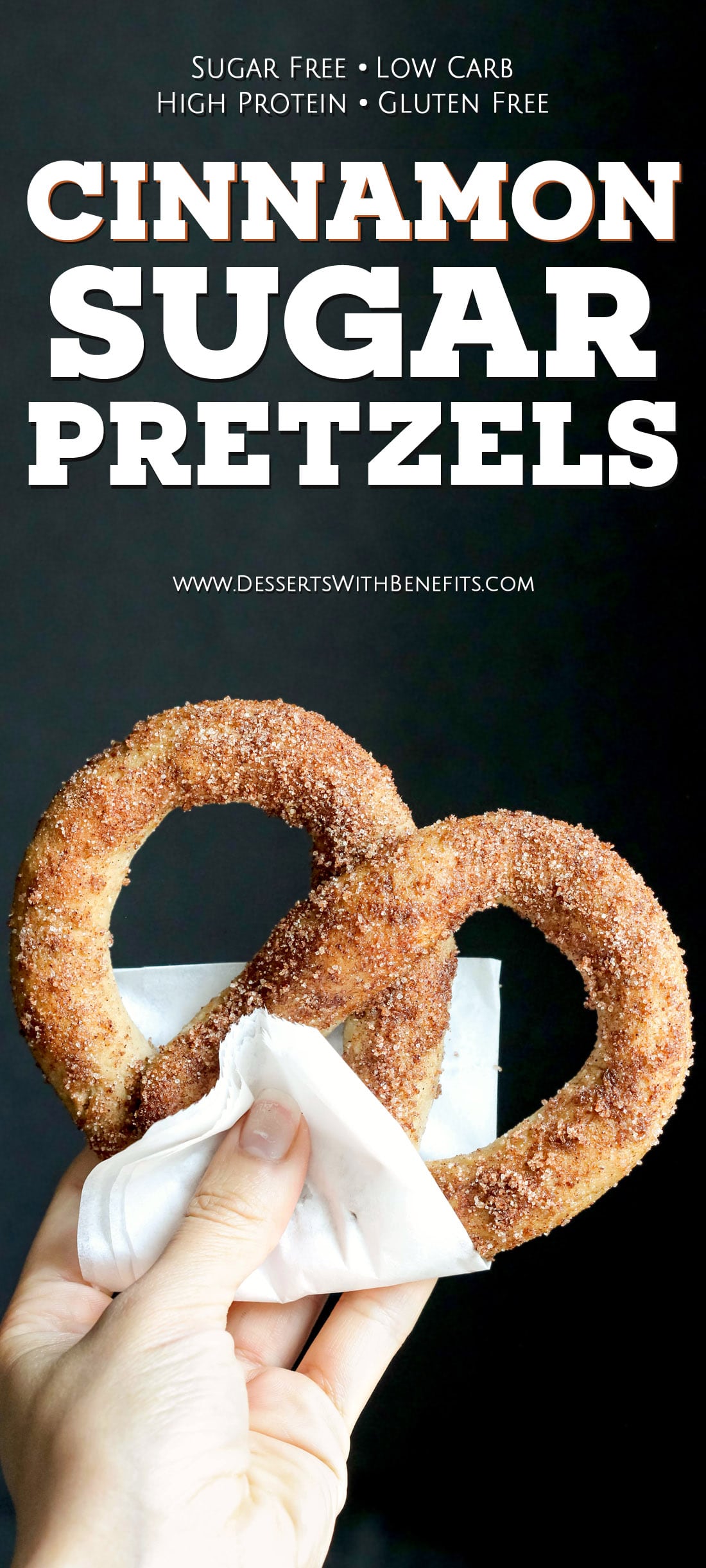 These Healthy Low Carb and Gluten Free Cinnamon Sugar Soft Pretzels are so fluffy and delicious, you'll never believe they're sugar free, low carb, high protein, and high fiber! -- Healthy Dessert Recipes with sugar free, low calorie, low fat, high protein, gluten free, dairy free, vegan, and raw options at the Desserts With Benefits Blog (www.DessertsWithBenefits.com)