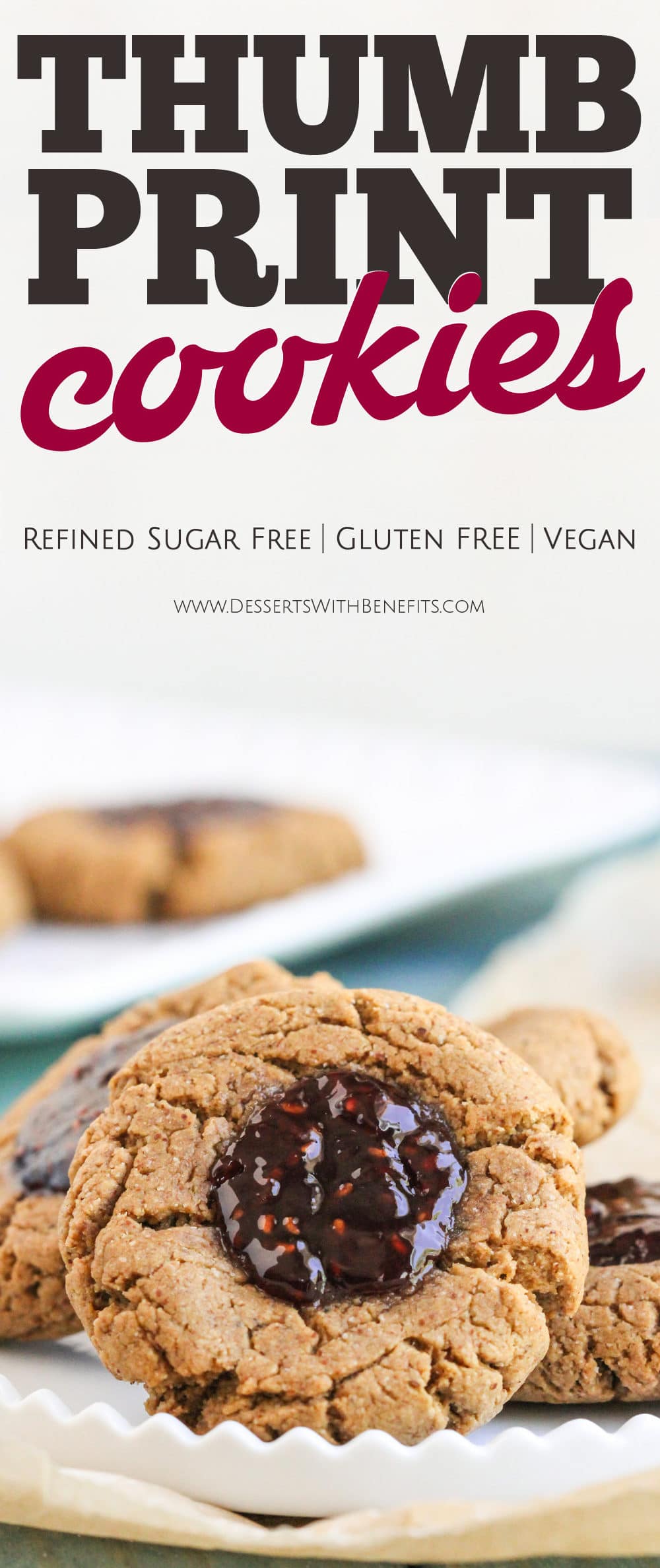 These soft and chewy 7-ingredient Healthy Thumbprint Cookies are so simple and delicious, you'd never know they're refined sugar free, gluten free, dairy free, and vegan! Healthy Dessert Recipes with low calorie, low fat, high protein, high fiber, and raw options at the Desserts With Benefits Blog (www.DessertsWithBenefits.com)