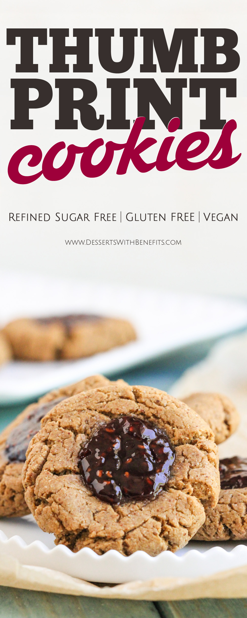 These soft and chewy 7-ingredient Healthy Thumbprint Cookies are so simple and delicious, you'd never know they're refined sugar free, gluten free, dairy free, and vegan! Healthy Dessert Recipes with low calorie, low fat, high protein, high fiber, and raw options at the Desserts With Benefits Blog (www.DessertsWithBenefits.com)