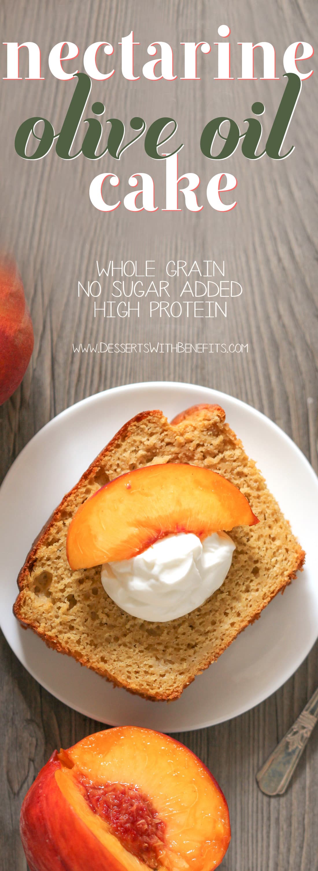 Healthy Nectarine Olive Oil Pound Cake! Yes, olive oil in a dessert, and it works! This light cake is perfectly sweet and 100% satisfying. Made with whole wheat flour, yogurt, and organic extra virgin olive oil, and none of the butter or sugar… but you’d never know it! Healthy Dessert Recipes with sugar free, low calorie, low fat, low carb, high protein, gluten free, dairy free, vegan, and raw options at the Desserts With Benefits Blog (www.DessertsWithBenefits.com)