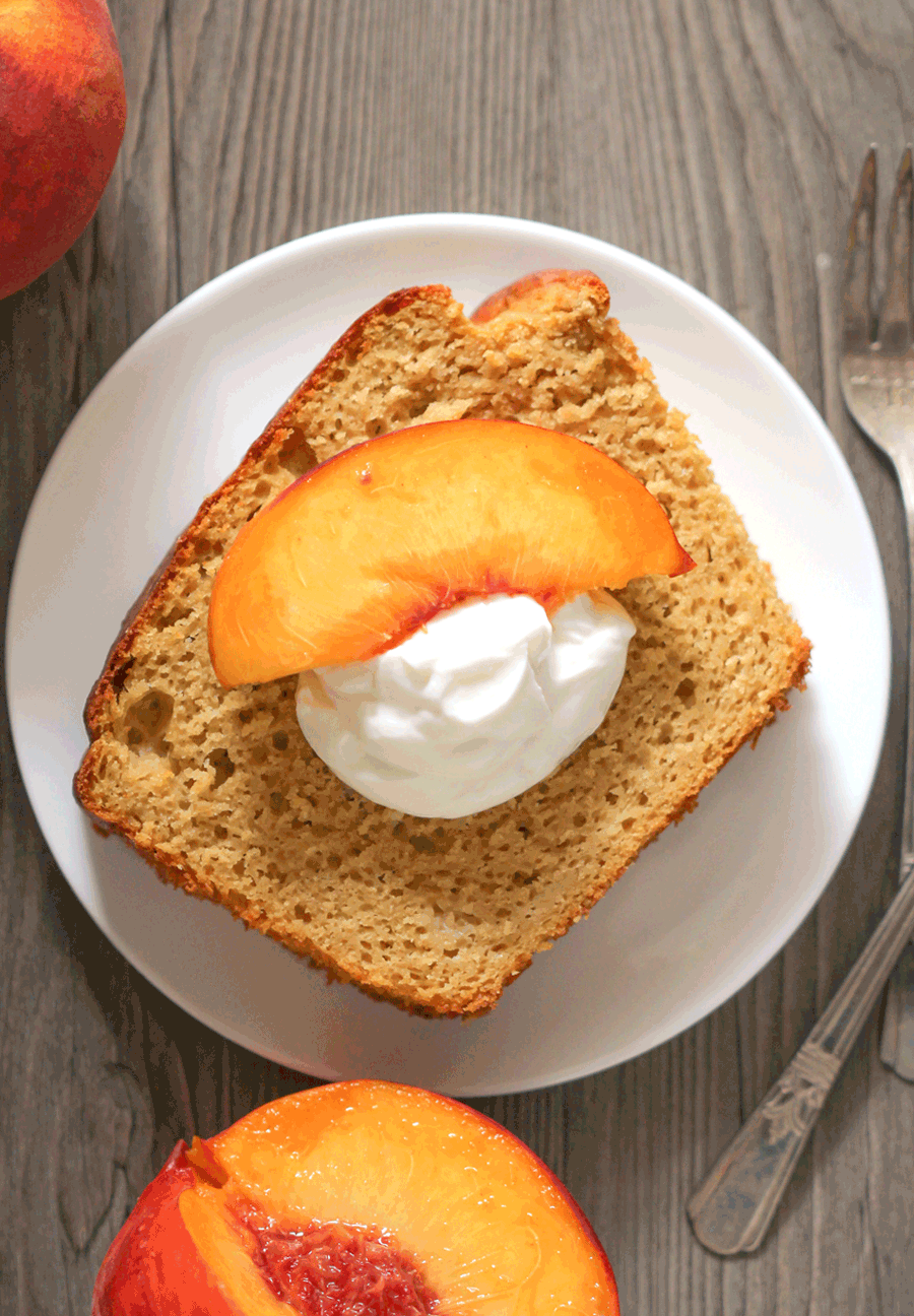 Healthy Nectarine Olive Oil Pound Cake! Yes, olive oil in a dessert, and it works! This light cake is perfectly sweet and 100% satisfying. Made with whole wheat flour, yogurt, and organic extra virgin olive oil, and none of the butter or sugar… but you’d never know it! Healthy Dessert Recipes with sugar free, low calorie, low fat, low carb, high protein, gluten free, dairy free, vegan, and raw options at the Desserts With Benefits Blog (www.DessertsWithBenefits.com)
