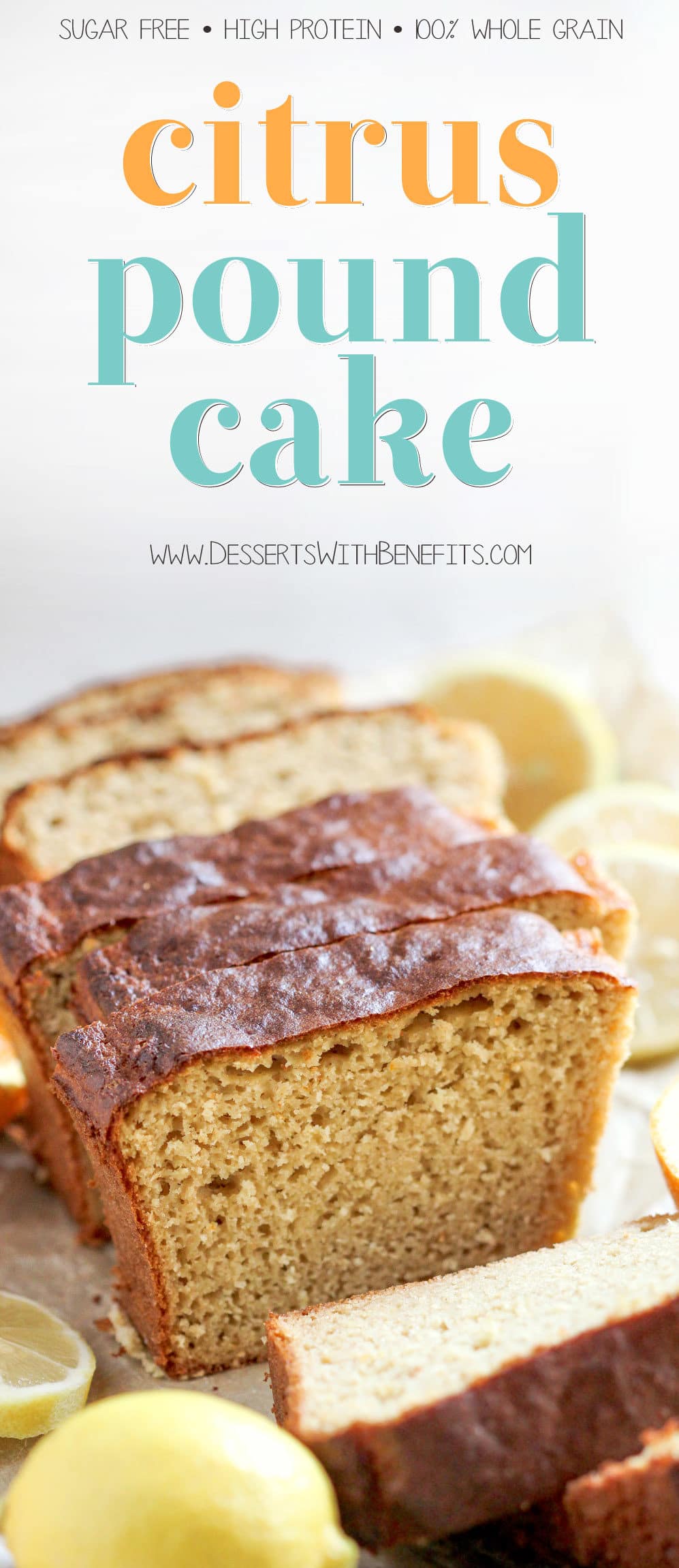 This Healthy Citrus Pound Cake is sweet, buttery, moist, and full of lemon and orange flavor. You'd never know it's made without the butter, refined sugar, and white flour. This cake is sugar free, high protein, and whole grain! Healthy Dessert Recipes with low calorie, low fat, low carb, high protein, gluten free, dairy free, vegan, and raw options at the Desserts With Benefits Blog (www.DessertsWithBenefits.com)