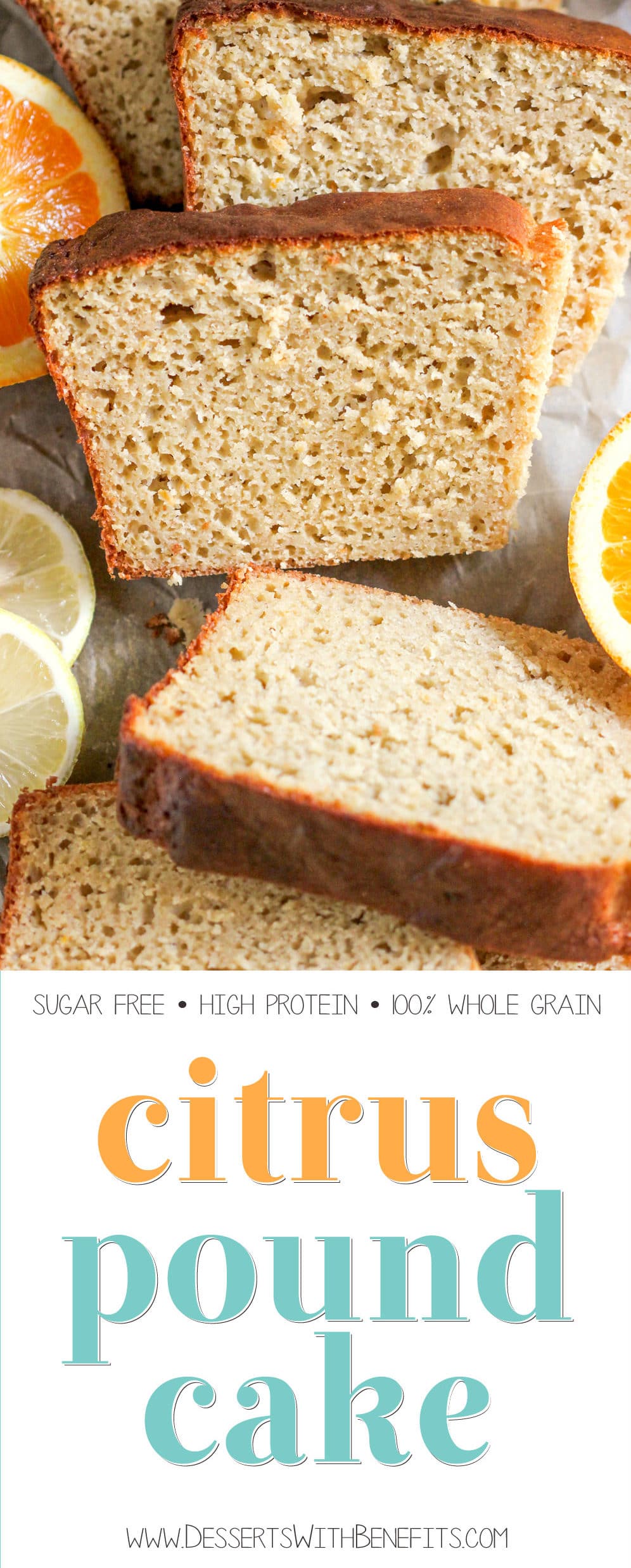 This Healthy Citrus Pound Cake is sweet, buttery, moist, and full of lemon and orange flavor. You'd never know it's made without the butter, refined sugar, and white flour. This cake is sugar free, high protein, and whole grain! Healthy Dessert Recipes with low calorie, low fat, low carb, high protein, gluten free, dairy free, vegan, and raw options at the Desserts With Benefits Blog (www.DessertsWithBenefits.com)