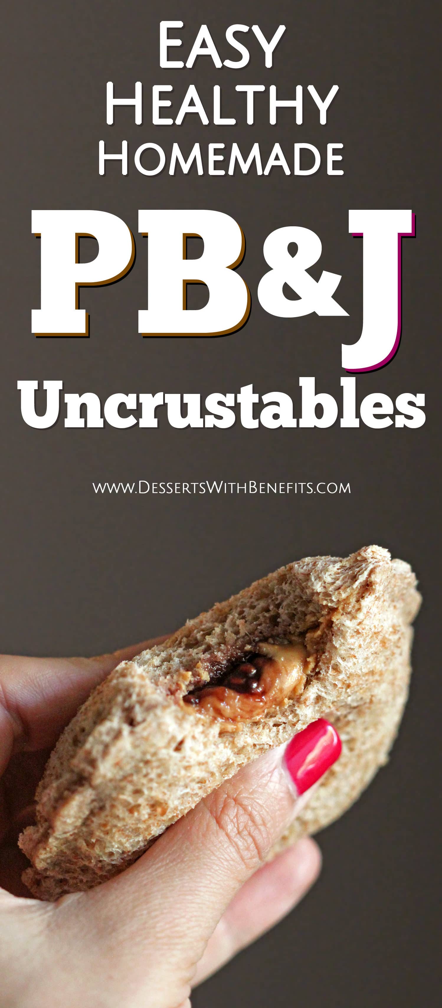 Unlike the storebought version, these Healthy Homemade Peanut Butter and Jelly Uncrustables are all natural and whole grain with no sugar added, yet they taste just as delicious. They might even taste BETTER than the original! (gluten free and vegan options) -- Healthy Dessert Recipes on the Desserts With Benefits blog