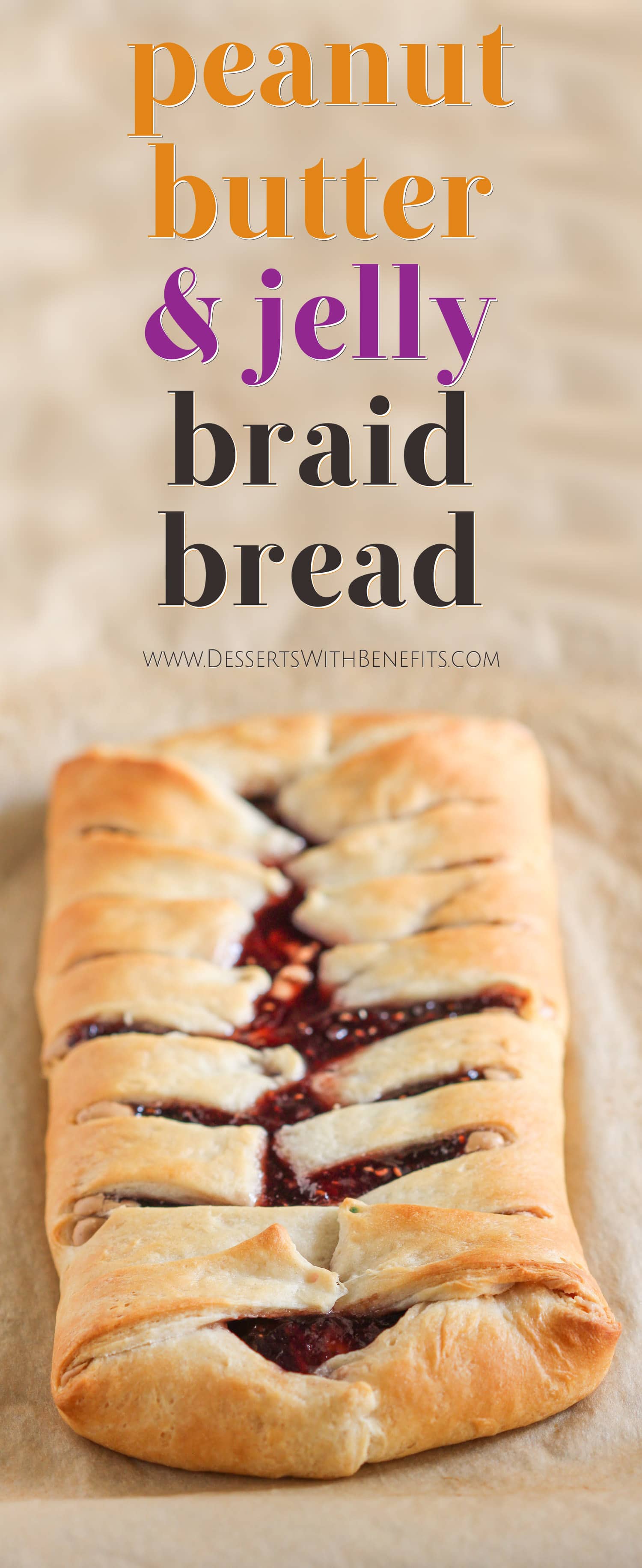 Step up your PB&J game with this easy Peanut Butter and Jelly Braid Bread! It looks difficult to make but took less than 20 minutes to whip together. Oh, and it’s vegan, all natural, and has no sugar added – perfect as a tasty, back to school lunchbox snack! Healthy Dessert Recipes with sugar free, low calorie, low fat, low carb, high protein, gluten free, dairy free, vegan, and raw options at the Desserts With Benefits Blog.