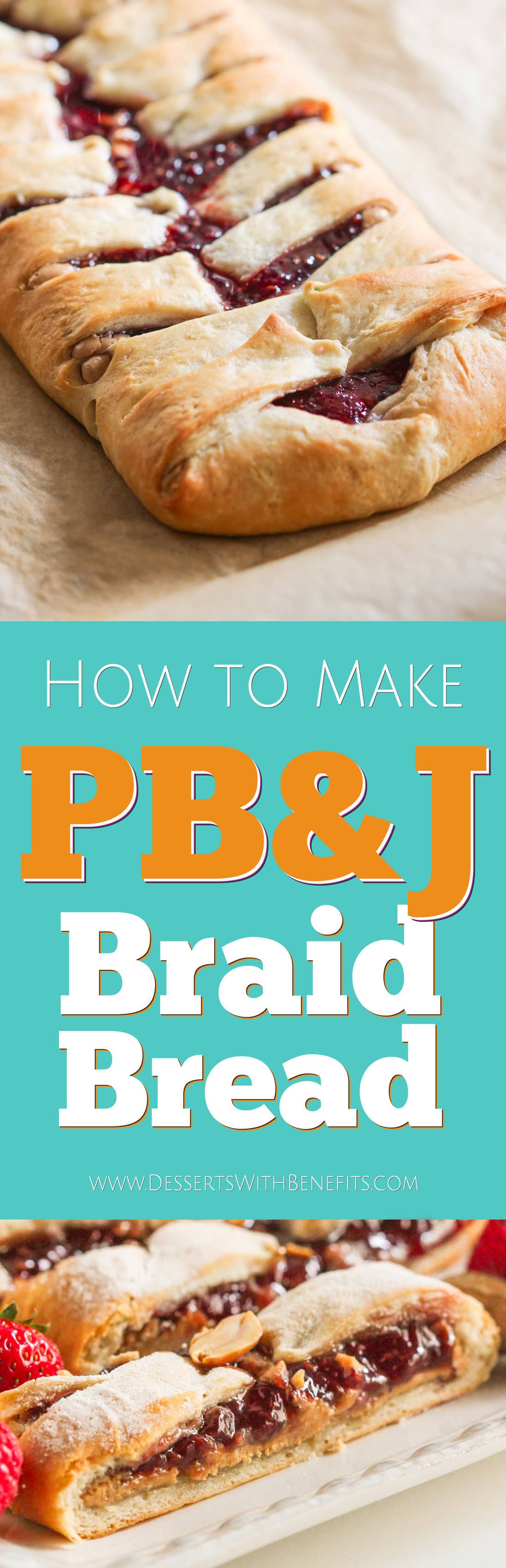 Step up your PB&J game with this easy Peanut Butter and Jelly Braid Bread! It looks difficult to make but took less than 20 minutes to whip together. Oh, and it’s vegan, all natural, and has no sugar added – perfect as a tasty, back to school lunchbox snack! Healthy Dessert Recipes with sugar free, low calorie, low fat, low carb, high protein, gluten free, dairy free, vegan, and raw options at the Desserts With Benefits Blog.