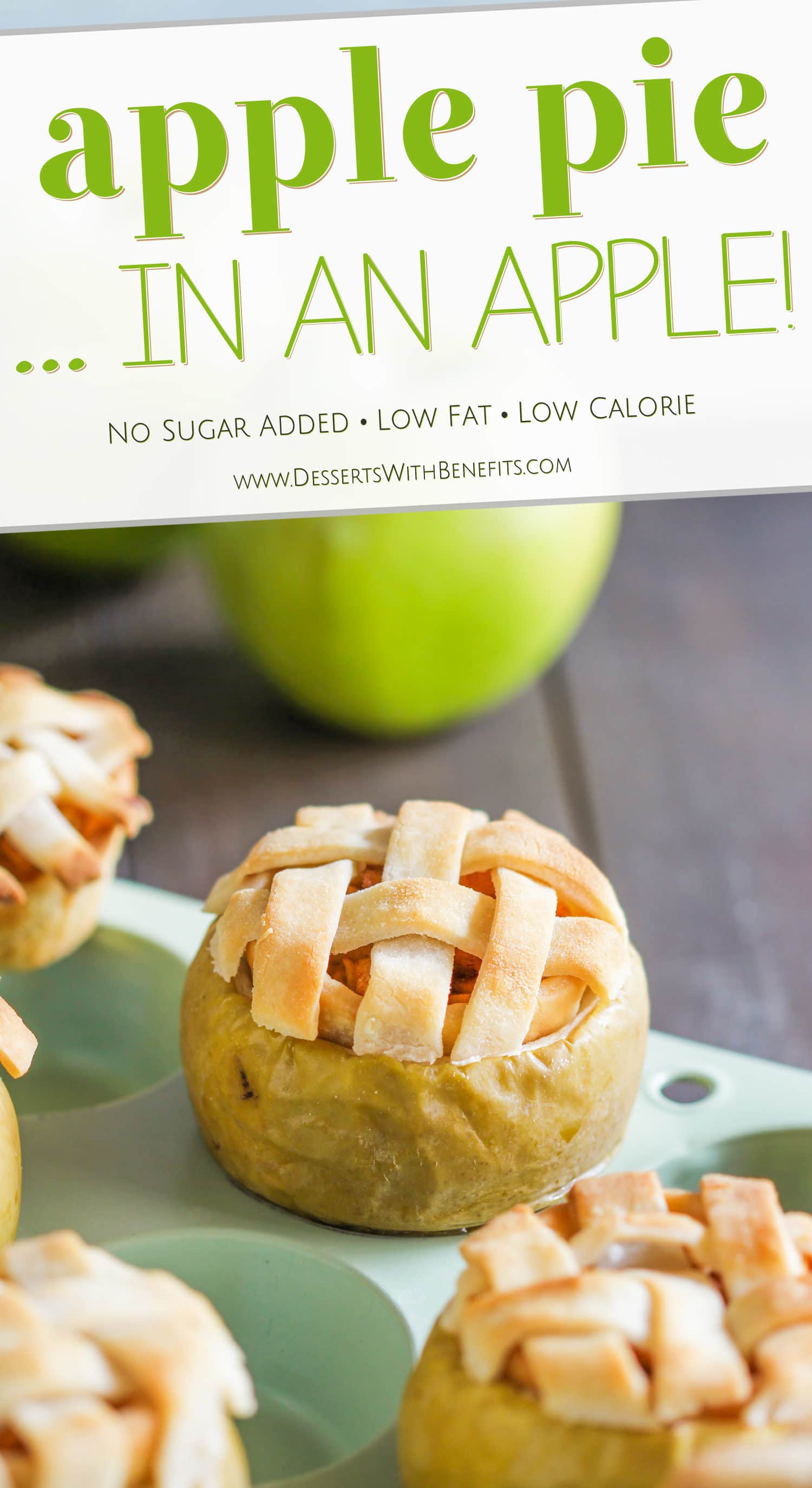 Looking for a unique healthy apple pie recipe? No need for fancy pie dishes here, all you need are the apples themselves! These Healthy Apple Pies are served IN THE APPLE! They’re so adorable and creative, you’ll be sure to WOW everyone you serve these to. And the kicker? They’re low fat and vegan with no sugar added. Healthy Dessert Recipes at the Desserts With Benefits Blog (www.DessertsWithBenefits.com)
