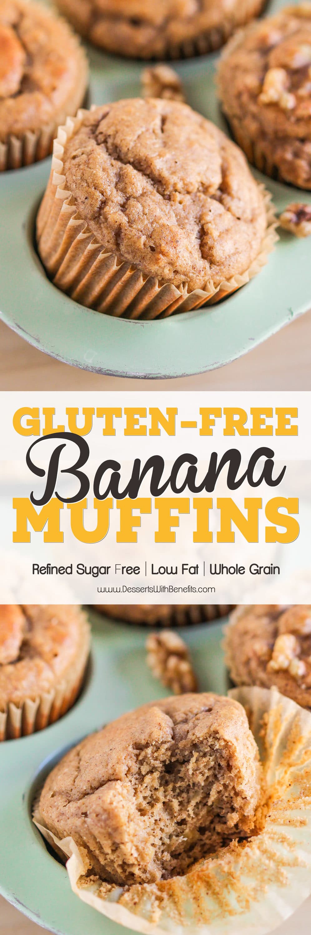 These are the ULTIMATE Healthy Banana Muffins! So fluffy, moist, sweet, and packed with banana bread flavor, you’d never guess that these have NO butter and NO sugar added. These Banana Muffins are low calorie, low fat, refined sugar free, gluten free, AND dairy free, but they sure don’t taste like it! Healthy Dessert Recipes at the Desserts With Benefits Blog (www.DessertsWithBenefits.com)