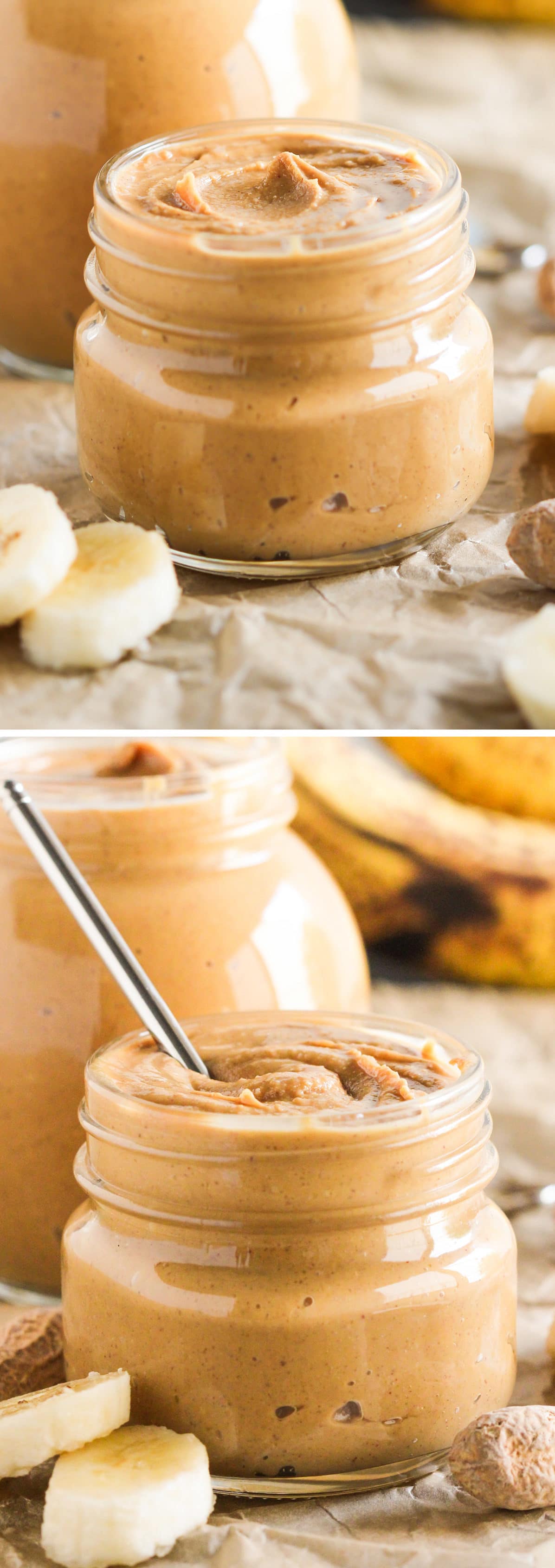 Healthy Homemade Banana Peanut Butter Spread! If you like bananas and if you like peanut butter, then you’ll LOVE this. 100% delicious and perfect on toast, oatmeal, ice cream, or a spoon alone! No sugar added (refined sugar free), gluten free, vegan. Healthy Dessert Recipes with low calorie, low fat, low carb, high protein, dairy free, vegan, and raw options at the Desserts With Benefits Blog (www.DessertsWithBenefits.com)