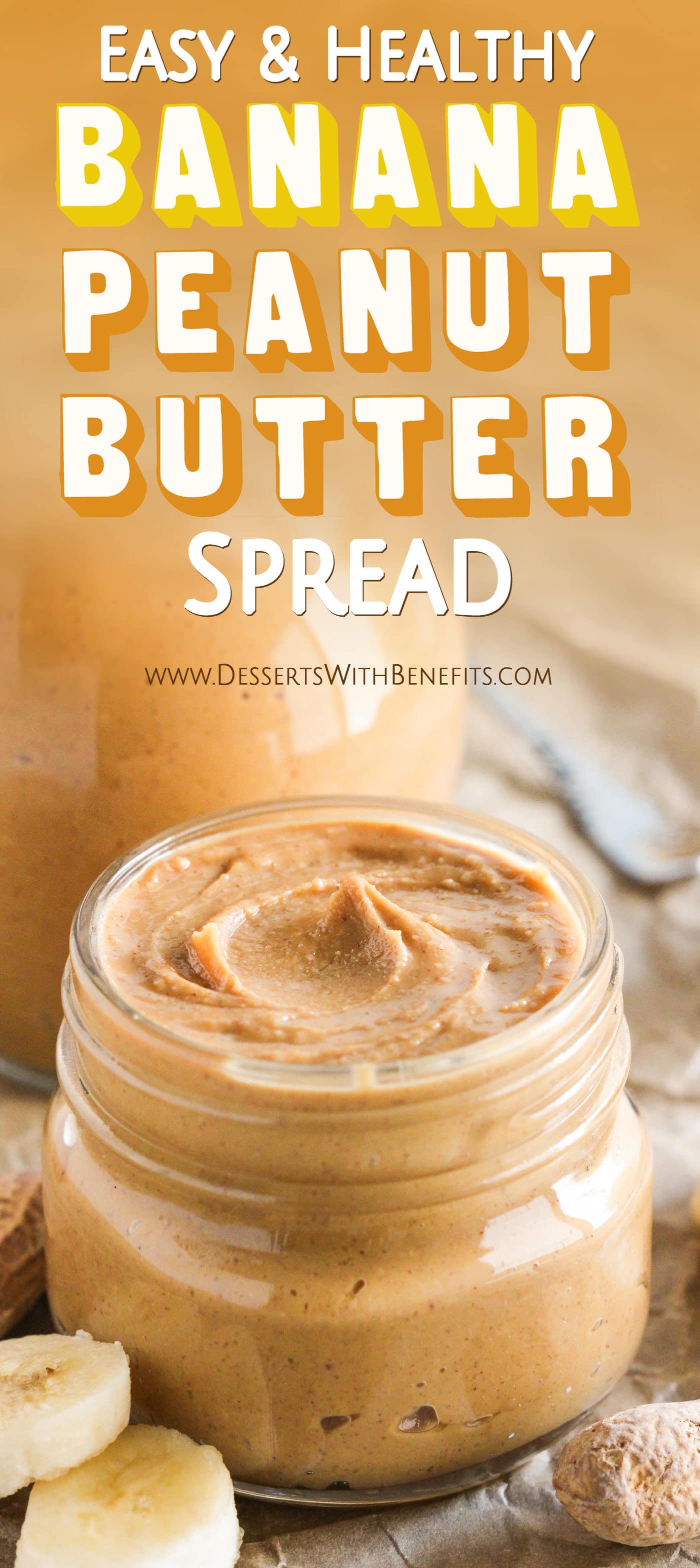 Healthy Homemade Banana Peanut Butter Spread! If you like bananas and if you like peanut butter, then you’ll LOVE this. 100% delicious and perfect on toast, oatmeal, ice cream, or a spoon alone! No sugar added (refined sugar free), gluten free, vegan. Healthy Dessert Recipes with low calorie, low fat, low carb, high protein, dairy free, vegan, and raw options at the Desserts With Benefits Blog (www.DessertsWithBenefits.com)