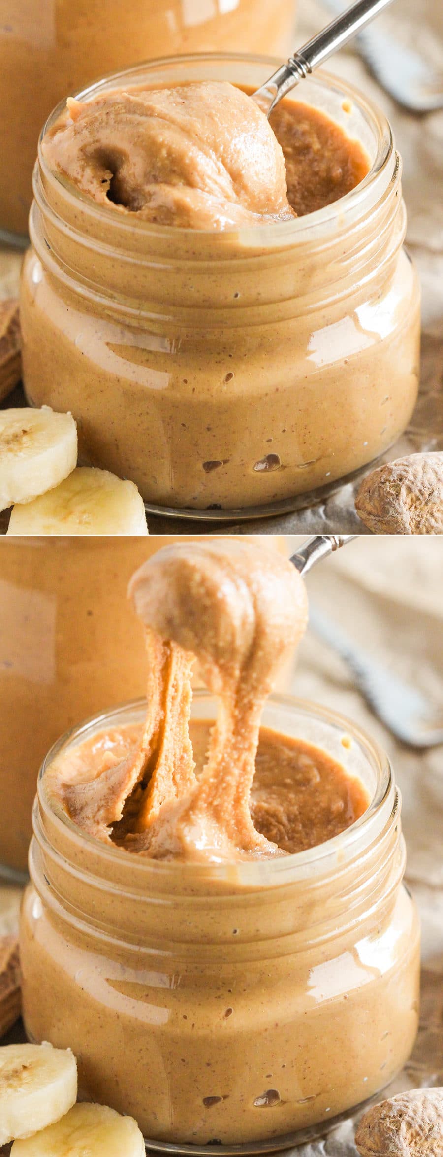 Healthy Homemade Banana Peanut Butter Spread! If you like bananas and if you like peanut butter, then you’ll LOVE this. 100% delicious and perfect on toast, oatmeal, ice cream, or a spoon alone! No sugar added (refined sugar free), gluten free, vegan. Healthy Dessert Recipes with low calorie, low fat, low carb, high protein, dairy free, vegan, and raw options at the Desserts With Benefits Blog (www.DessertsWithBenefits.com)