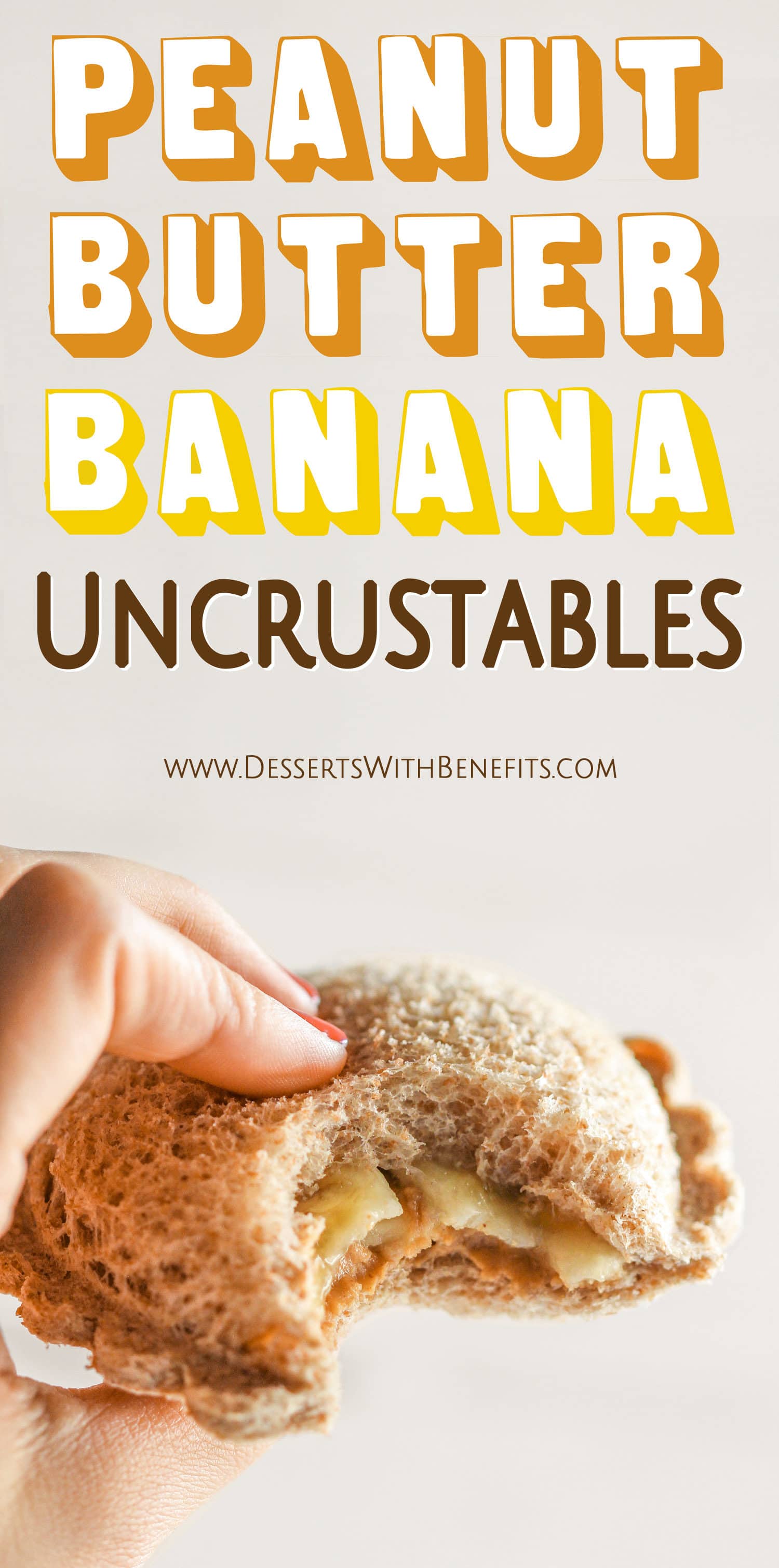 Uncrustables have been made BETTER (and healthier while we're at it)! These Healthy Homemade Peanut Butter Banana Uncrustables are all natural and whole grain with no sugar added. Far better than the original! Healthy Dessert Recipes with low calorie, low fat, high protein, gluten free, and vegan options at the Desserts With Benefits Blog (www.DessertsWithBenefits.com)