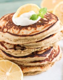 These Healthy Lemon Ricotta Buttermilk Pancakes are so fluffy and cakey and sweet and delicious, it's hard to believe that with every bite you take, you're indulging in sugar free, high protein, gluten free, and guilt free goodness! Healthy Dessert Recipes at the Desserts With Benefits Blog (www.DessertsWithBenefits.com)