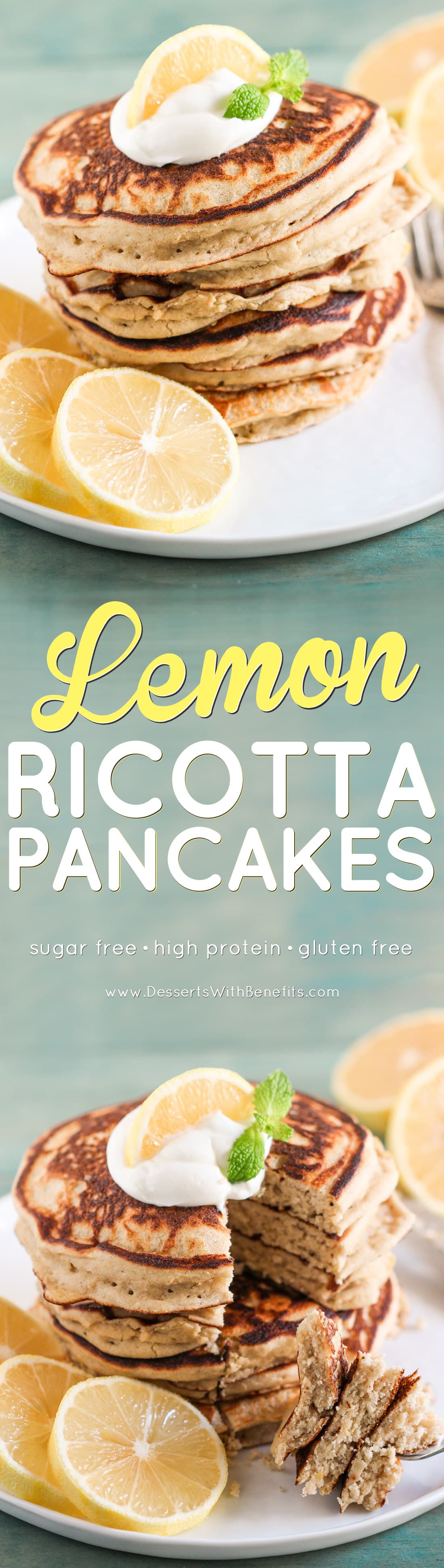 These Healthy Lemon Ricotta Buttermilk Pancakes are so fluffy and cakey and sweet and delicious, it's hard to believe that with every bite you take, you're indulging in sugar free, high protein, gluten free, and guilt free goodness! Healthy Dessert Recipes at the Desserts With Benefits Blog (www.DessertsWithBenefits.com)