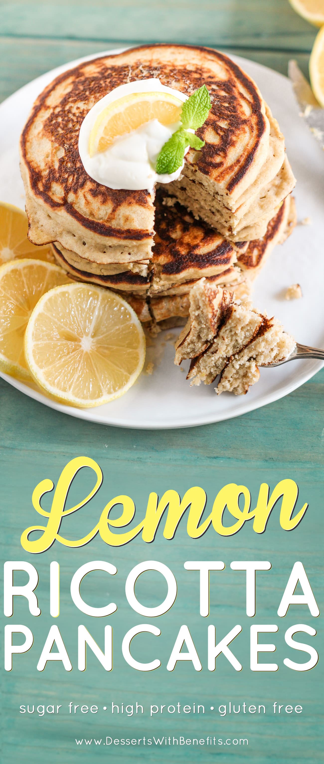 These Healthy Lemon Ricotta Buttermilk Pancakes are so fluffy and cakey and sweet and delicious, it's hard to believe that with every bite you take, you're indulging in sugar free, high protein, gluten free, and guilt free goodness! Healthy Dessert Recipes at the Desserts With Benefits Blog (www.DessertsWithBenefits.com)