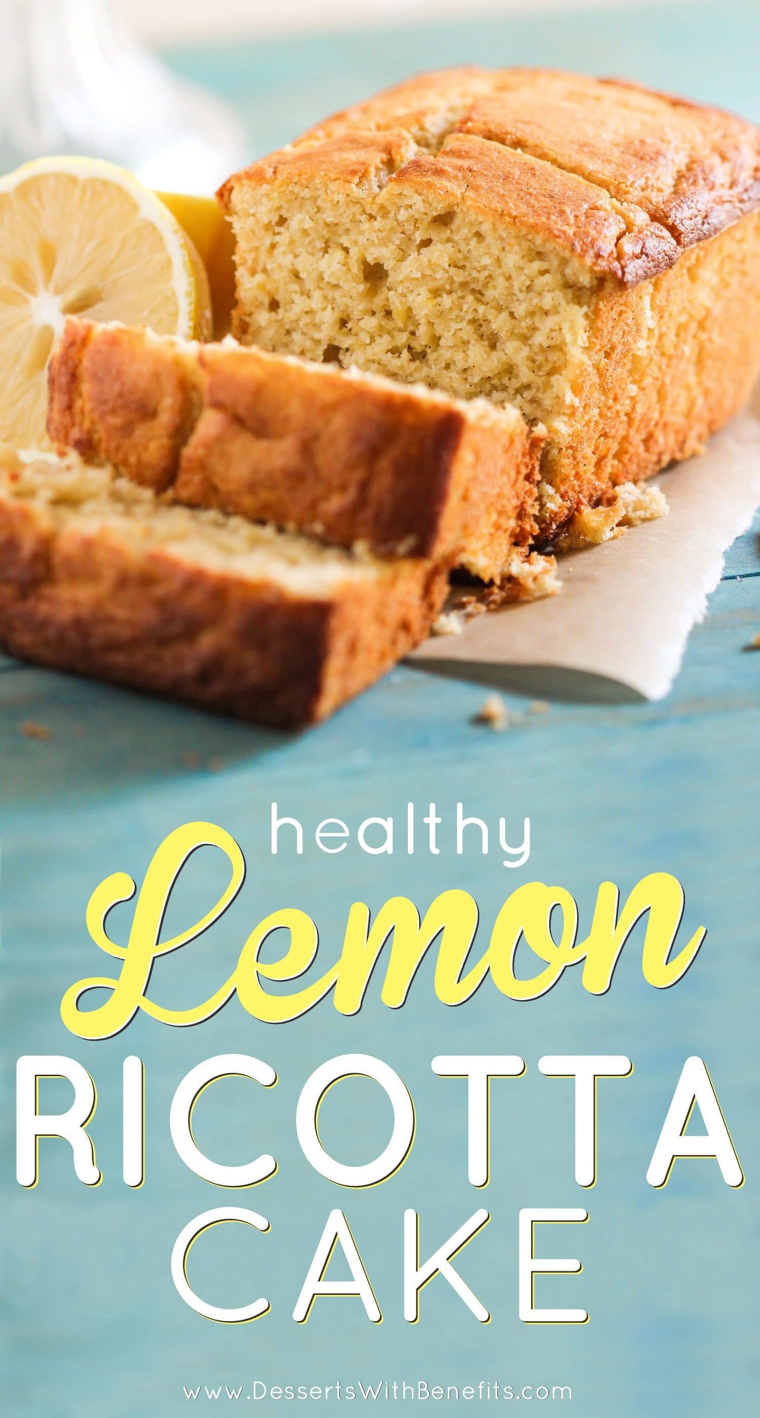 This Healthy Lemon Ricotta Cake is so light and fluffy, it's hard to believe that with every bite you take, you're indulging in sugar free, guilt free goodness! Healthy Dessert Recipes with sugar free, low calorie, low fat, low carb, high protein, gluten free, dairy free, vegan, and raw options at the Desserts With Benefits Blog (www.DessertsWithBenefits.com)