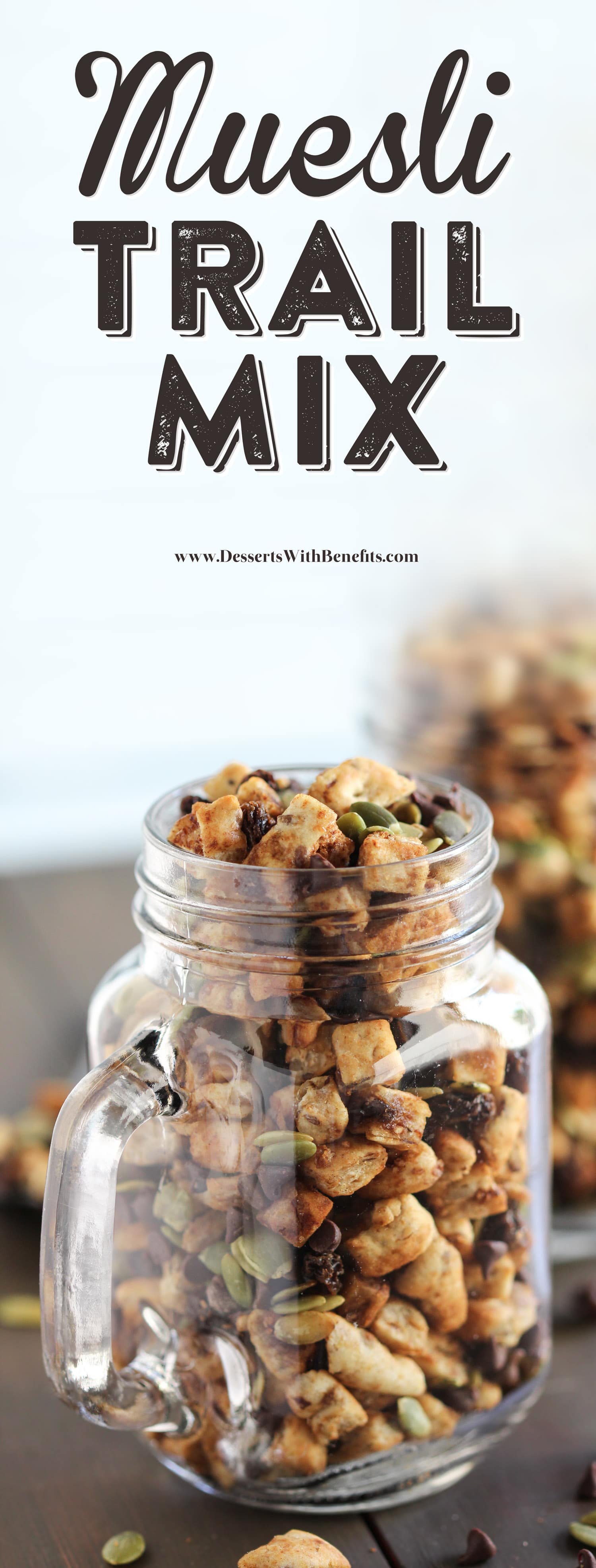 Swap boring trail mix with this Healthy Muesli Trail Mix! It’s a fun, nutritious snack filled with pumpkin seeds and baked "muesli" for crunch, soft and chewy raisins for sweetness, and mini chocolate chips for some decadence! (low sugar, dairy free, vegan) Healthy Dessert Recipes at the Desserts With Benefits Blog (www.DessertsWithBenefits.com).