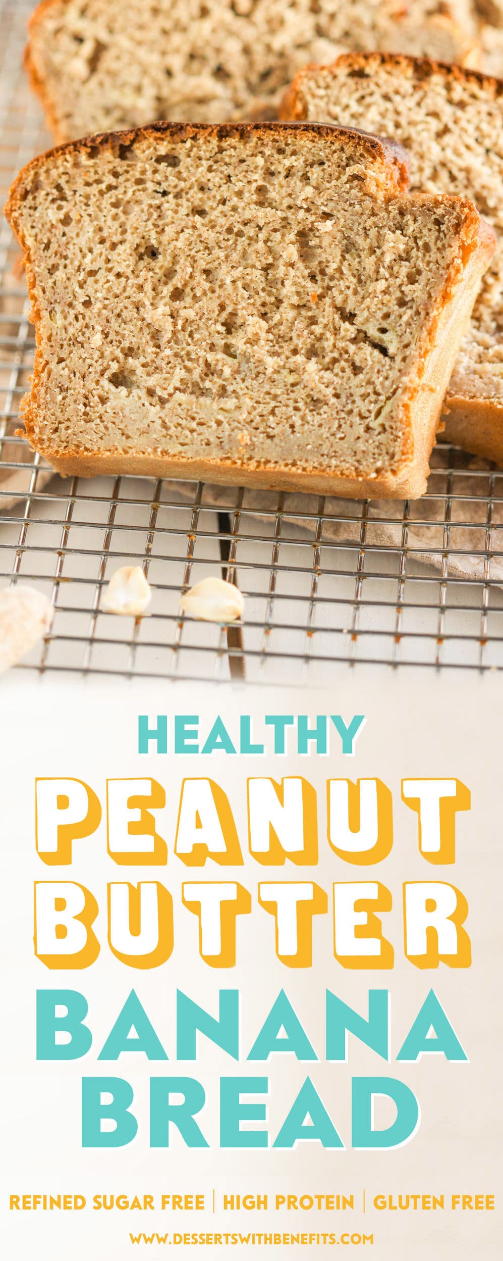 This is the BEST Healthy Peanut Butter Banana Bread EVER! It’s so rich, moist, and flavorful, one bite and you'll wonder how there’s no butter and no sugar added. Yes, this bread is refined sugar free, gluten free, AND high protein! Healthy Dessert Recipes with low calorie, low fat, low carb, gluten free, dairy free, vegan, and raw options at the Desserts With Benefits Blog (www.DessertsWithBenefits.com)