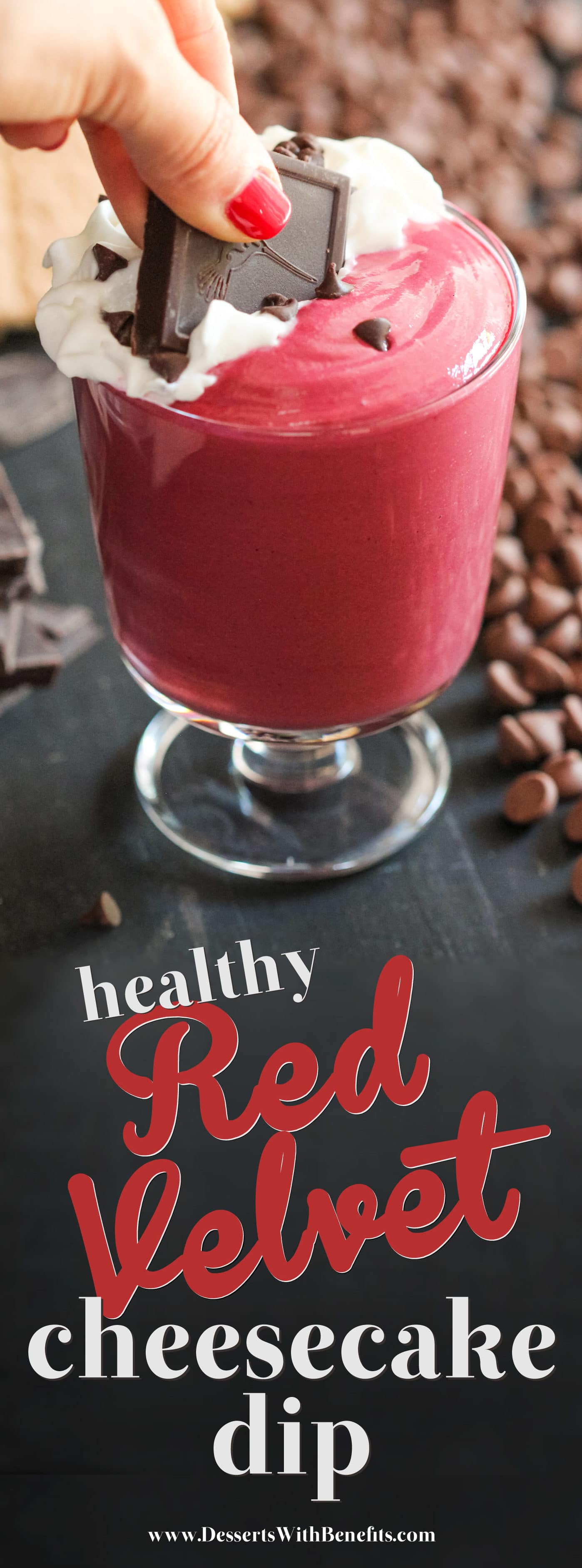 This Healthy Red Velvet Cheesecake Dip is rich, sweet, creamy, and completely addicting! And made with a secret ingredient too! One bite and you'll be hooked. Oh, but don't worry, it's sugar free, low carb, low fat, high protein, and gluten free. Healthy Dessert Recipes with low calorie, low fat, high protein, gluten free, dairy free, vegan, and raw options at the Desserts With Benefits Blog (www.DessertsWithBenefits.com)