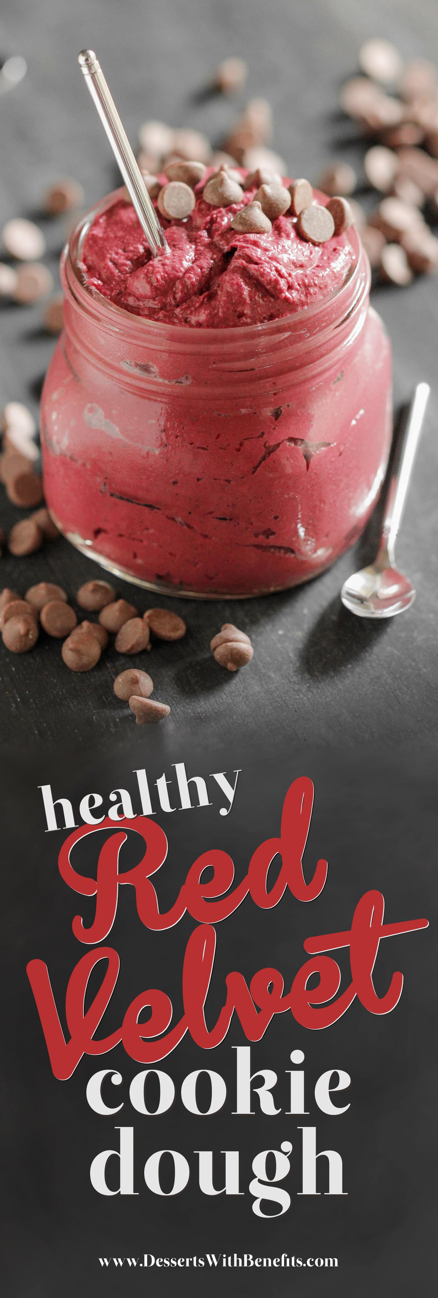 This Healthy Red Velvet Cookie Dough Dip is sweet, chocolatey, thick, fudgy, rich, and addictive. One spoonful and you'd never believe it's actually good for you. It’s eggless (so it’s safe to eat raw!), sugar free, high protein, whole grain, gluten free, dairy free, and vegan too! Healthy Dessert Recipes with low calorie, low fat, and low carb options at the Desserts With Benefits Blog (www.DessertsWithBenefits.com)