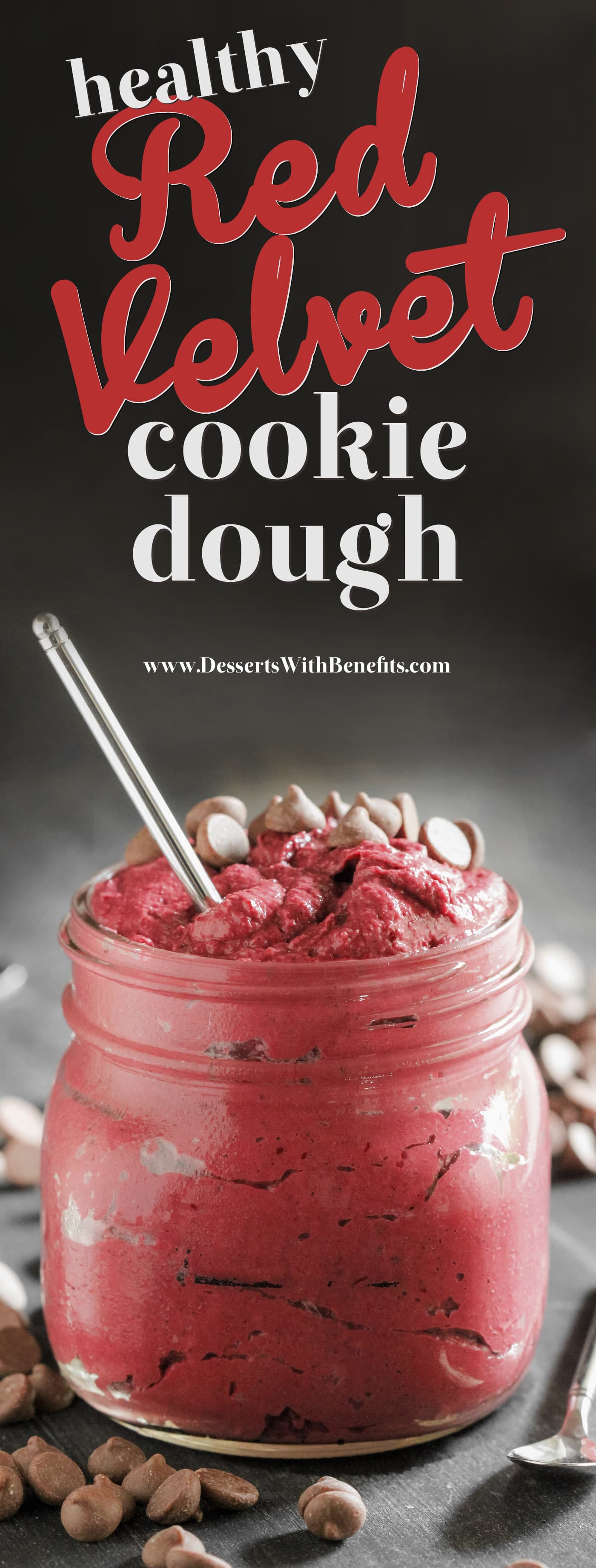 This Healthy Red Velvet Cookie Dough Dip is sweet, chocolatey, thick, fudgy, rich, and addictive. One spoonful and you'd never believe it's actually good for you. It’s eggless (so it’s safe to eat raw!), sugar free, high protein, whole grain, gluten free, dairy free, and vegan too! Healthy Dessert Recipes with low calorie, low fat, and low carb options at the Desserts With Benefits Blog (www.DessertsWithBenefits.com)