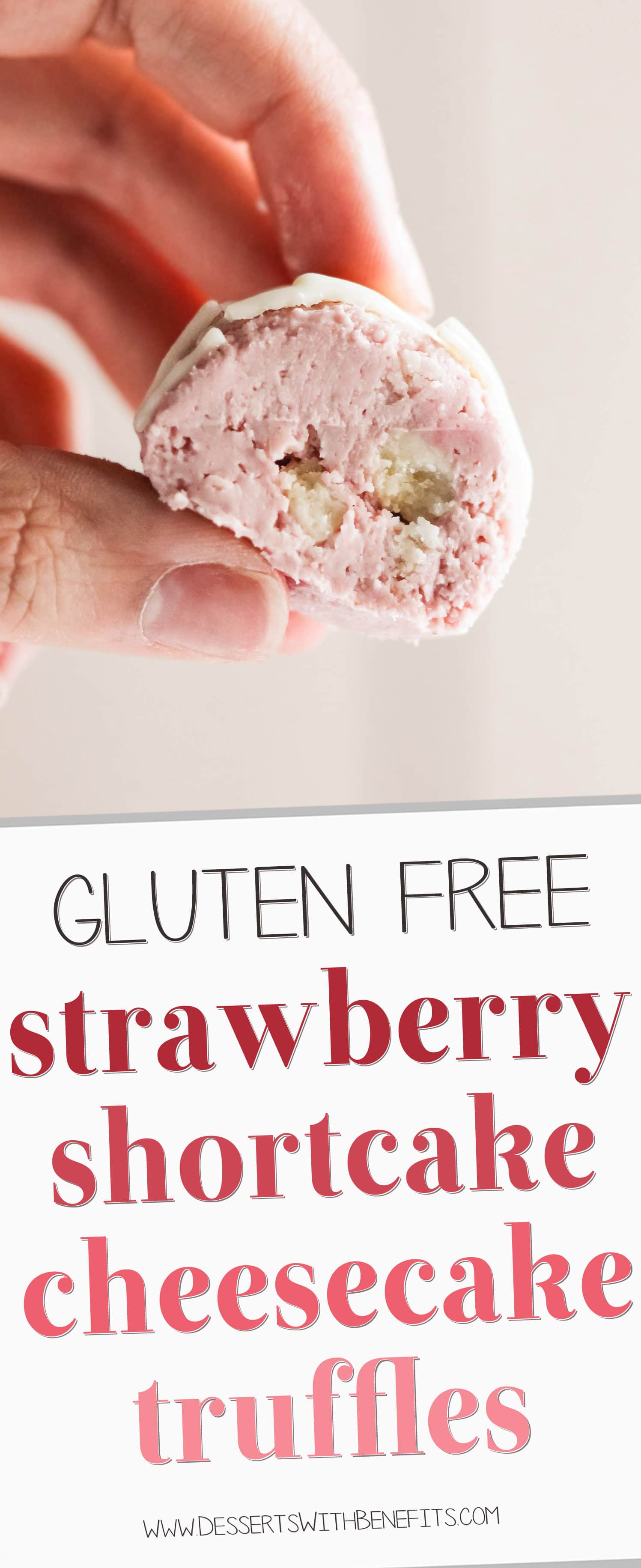 These Gluten Free Strawberry Shortcake Cheesecake Truffles are made with real strawberry cheesecake and sugar cookies chunks, and are coated in rich and delicious white chocolate.  If you're looking for a guilt-free bite-sized treat, you've found it! Healthy Dessert Recipes at the Desserts With Benefits Blog