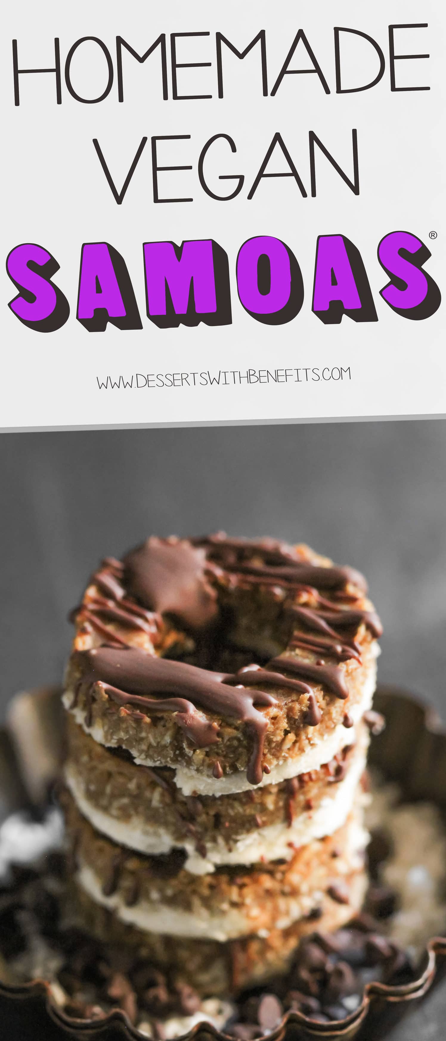 These Guilt Free Homemade Samoas cookies are SO much better than the prepackaged Girl Scouts kind! You get the same shortbread-like base, coconut-caramel topping, and dark chocolate drizzle, but this DIY recipe is all natural, refined sugar free, dairy free, and vegan! No need for the yucky high-fructose corn syrup, dangerous hydrogenated oil/trans fats, or artificial ingredients. Healthy Dessert Recipes with low carb, high protein, dairy free, and raw options at the Desserts With Benefits Blog (www.DessertsWithBenefits.com)