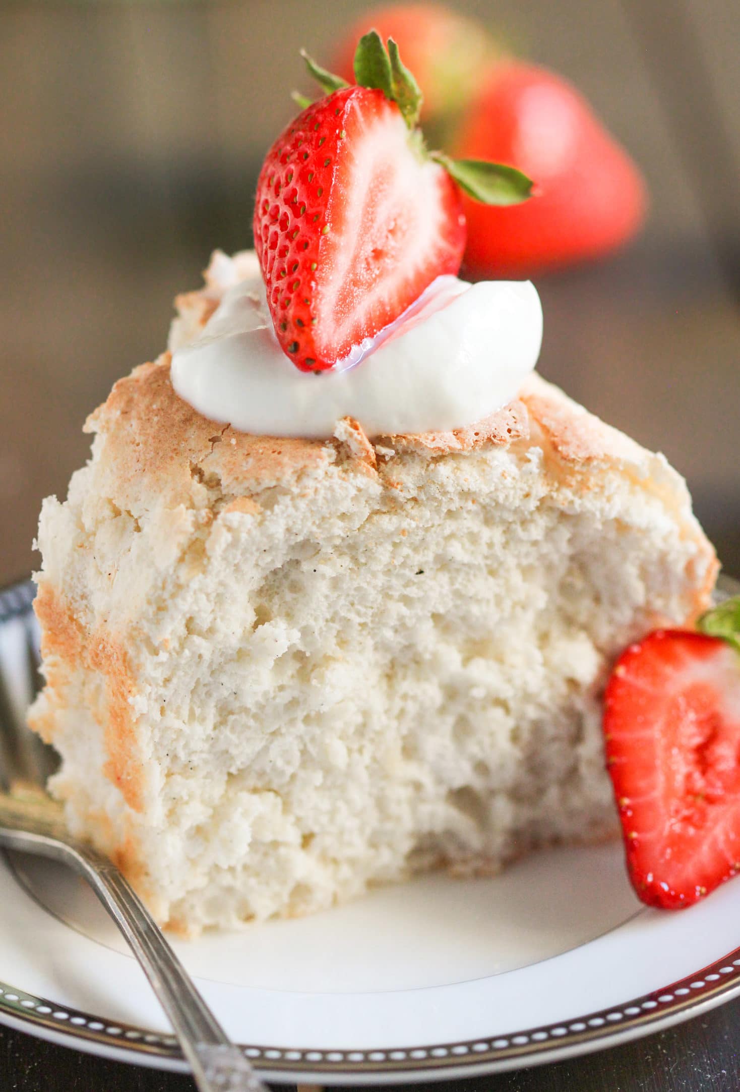 One bite of this Healthy Angel Food Cake and you'll be convinced you're eating a light, fluffy, and sweet, dessert-like cloud.  It's perfectly sweet, perfectly moist, and perfectly flavored with vanilla beans.  You'd never ever guess that this recipe is totally guilt free, sugar free, fat free, low carb, gluten free, and dairy free too! Healthy Dessert Recipes at the Desserts With Benefits Blog (www.DessertsWithBenefits.com)