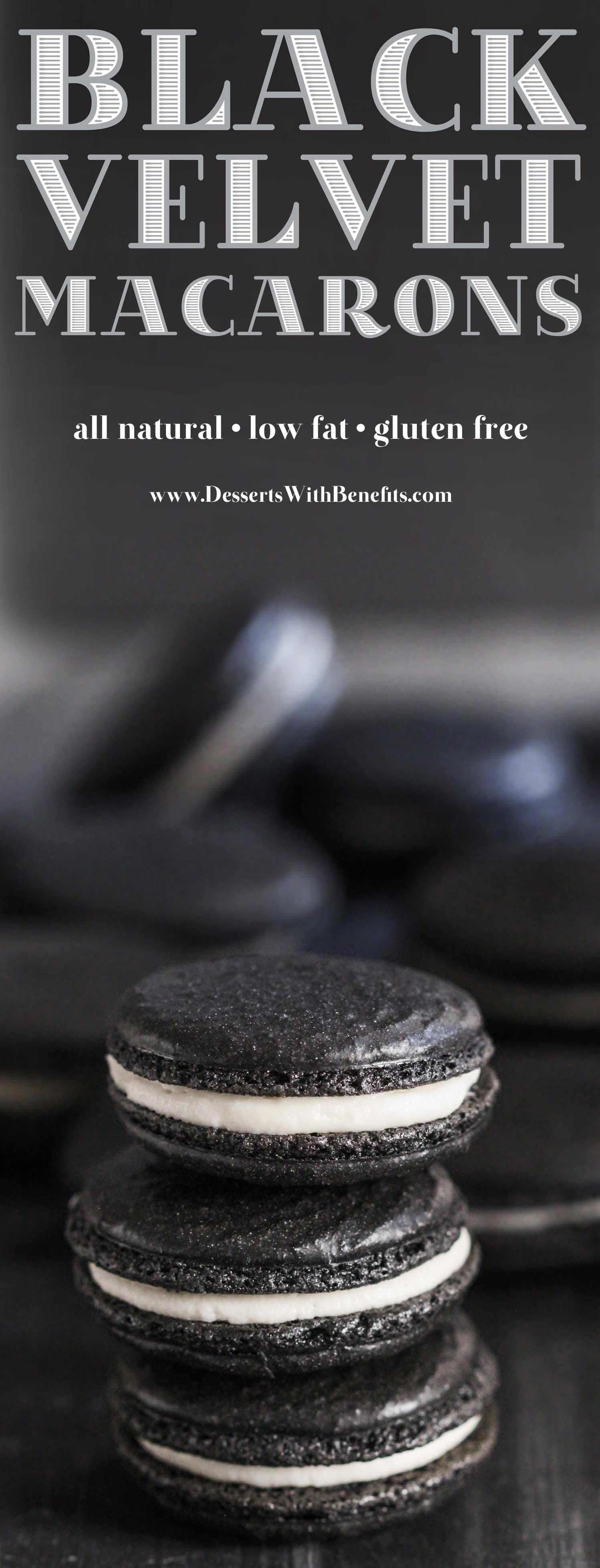 How to make GOTHIC MACARONS infused with chocolate and a secret ingredient! These Healthy Black Velvet French Macarons are just as sweet and delicious as your typical macarons, except these are all natural (no artificial food dyes), low fat, gluten free, and made without the bleached white sugar. PERFECT for Halloween! Healthy Dessert Recipes at the Desserts With Benefits Blog (www.DessertsWithBenefits.com)