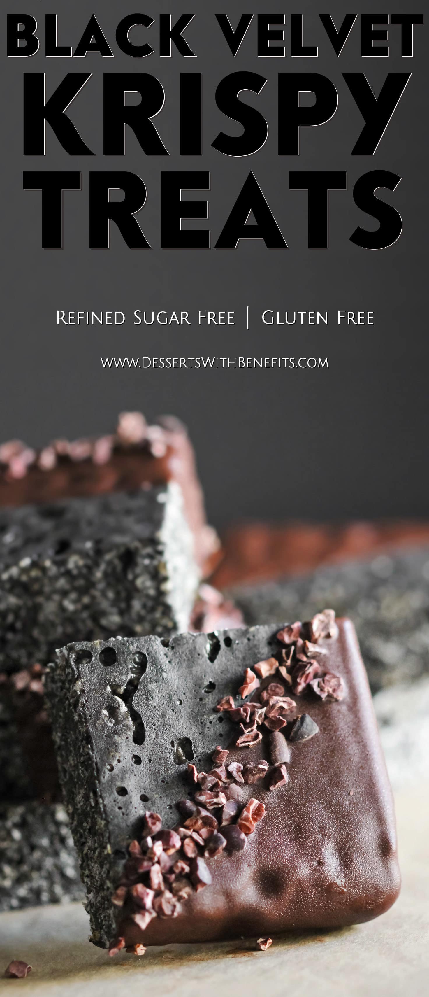 I bet you've never seen Krispy Treats like THESE before! These Healthy Black Velvet Krispy Treats are chewy, crunchy, sweet, and chocolatey. Flavored like your classic red velvet dessert with both vanilla and a hint of chocolate... only this one is black instead of red! Healthy Dessert Recipes at the Desserts With Benefits Blog
