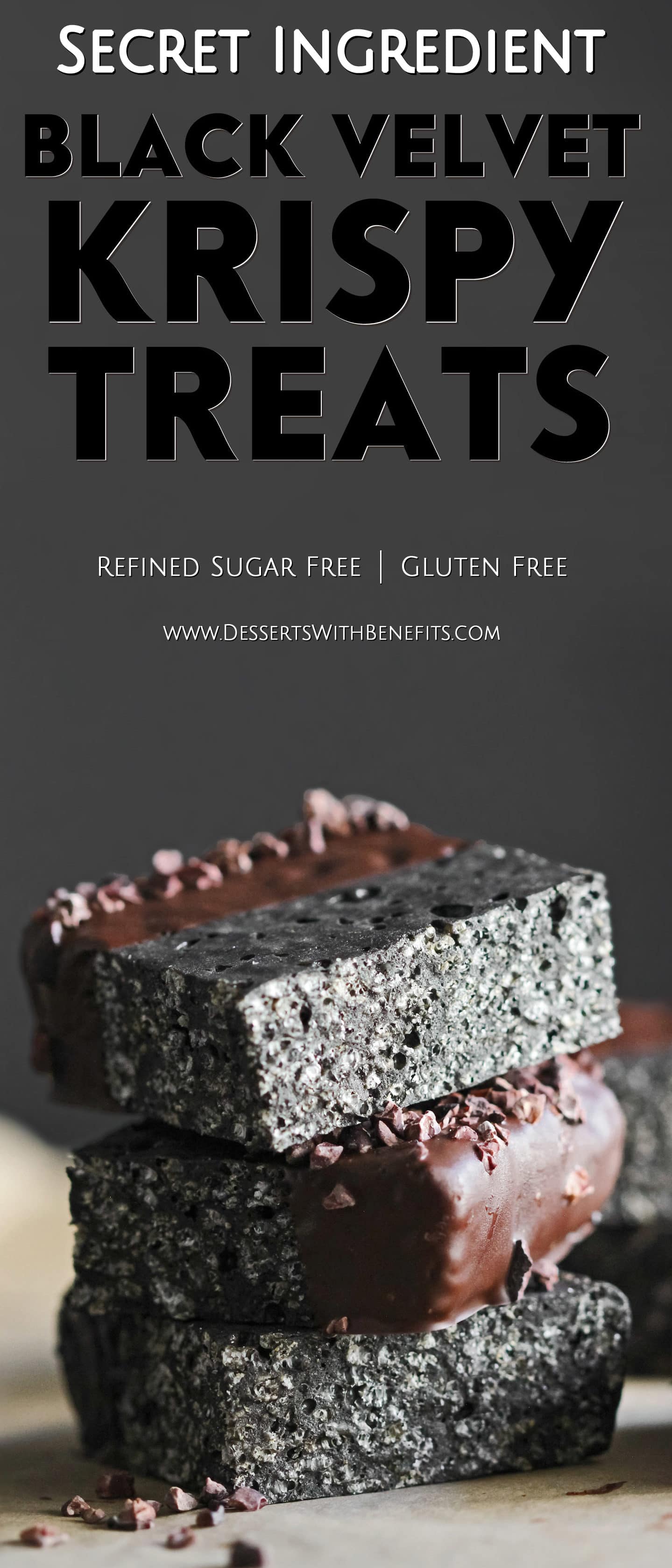 I bet you've never seen Krispy Treats like THESE before! These Healthy Black Velvet Krispy Treats are chewy, crunchy, sweet, and chocolatey. Flavored like your classic red velvet dessert with both vanilla and a hint of chocolate... only this one is black instead of red! Healthy Dessert Recipes at the Desserts With Benefits Blog