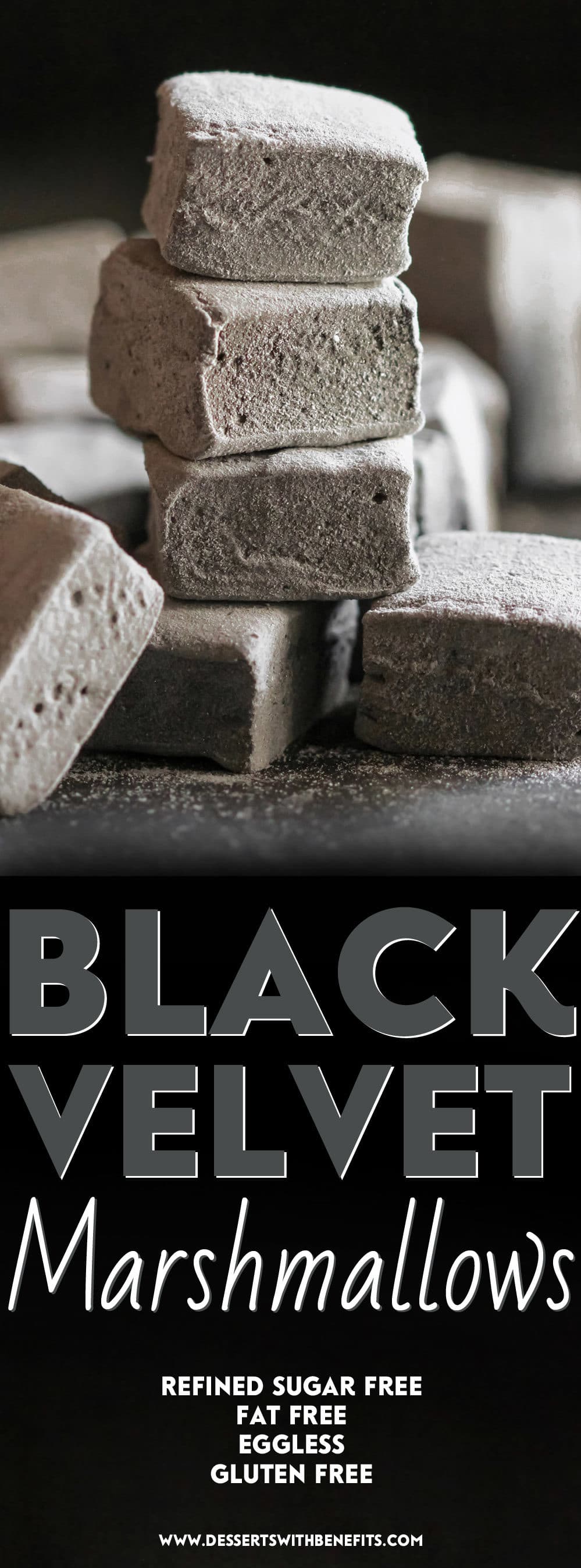 These Healthy Black Velvet Marshmallows are just as sweet and fluffy as regular marshmallows, but they're infused with chocolate and a SECRET INGREDIENT! These homemade marshmallows are naturally sweetened and naturally colored – made without corn syrup and artificial food dye. PERFECT for Halloween! (How to Make Marshmallows) Healthy Dessert Recipes at the Desserts With Benefits Blog