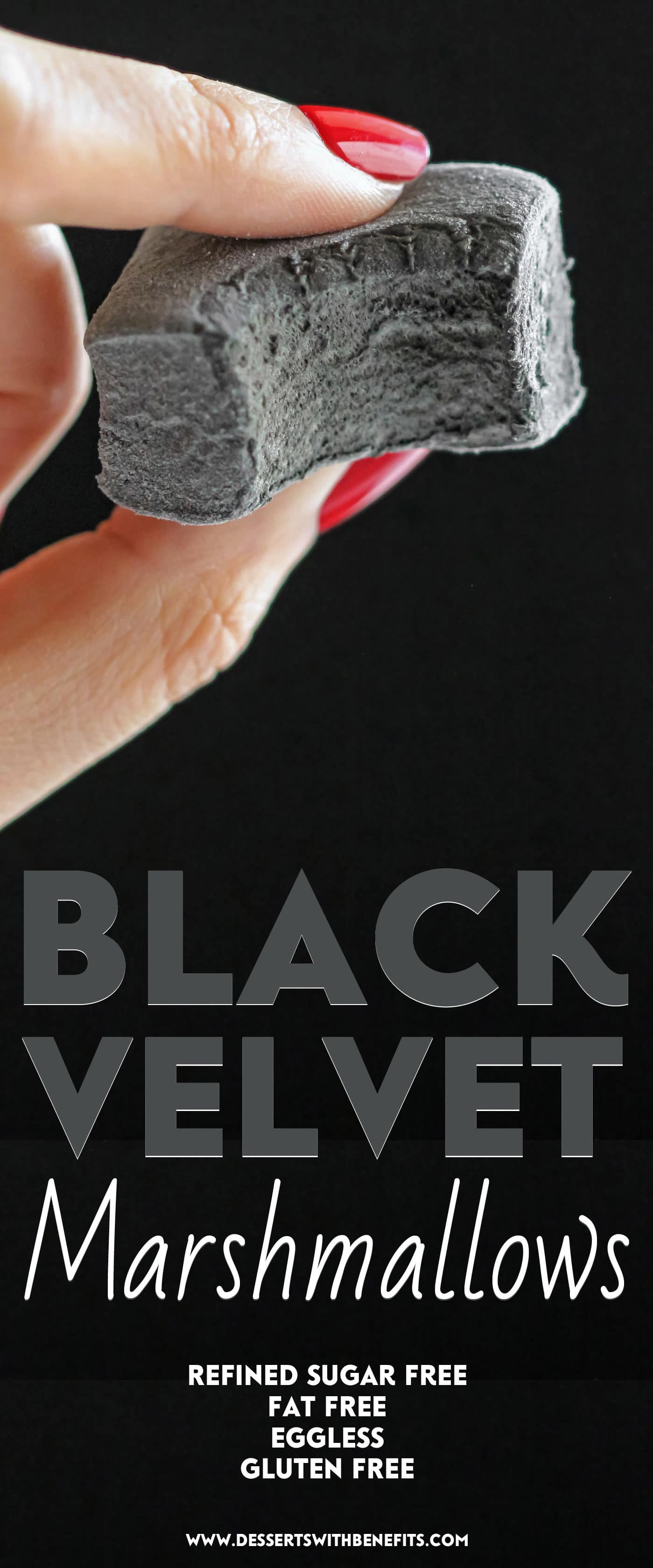 These Healthy Black Velvet Marshmallows are just as sweet and fluffy as regular marshmallows, but they're infused with chocolate and a SECRET INGREDIENT! These homemade marshmallows are naturally sweetened and naturally colored – made without corn syrup and artificial food dye. PERFECT for Halloween! (How to Make Marshmallows) Healthy Dessert Recipes at the Desserts With Benefits Blog